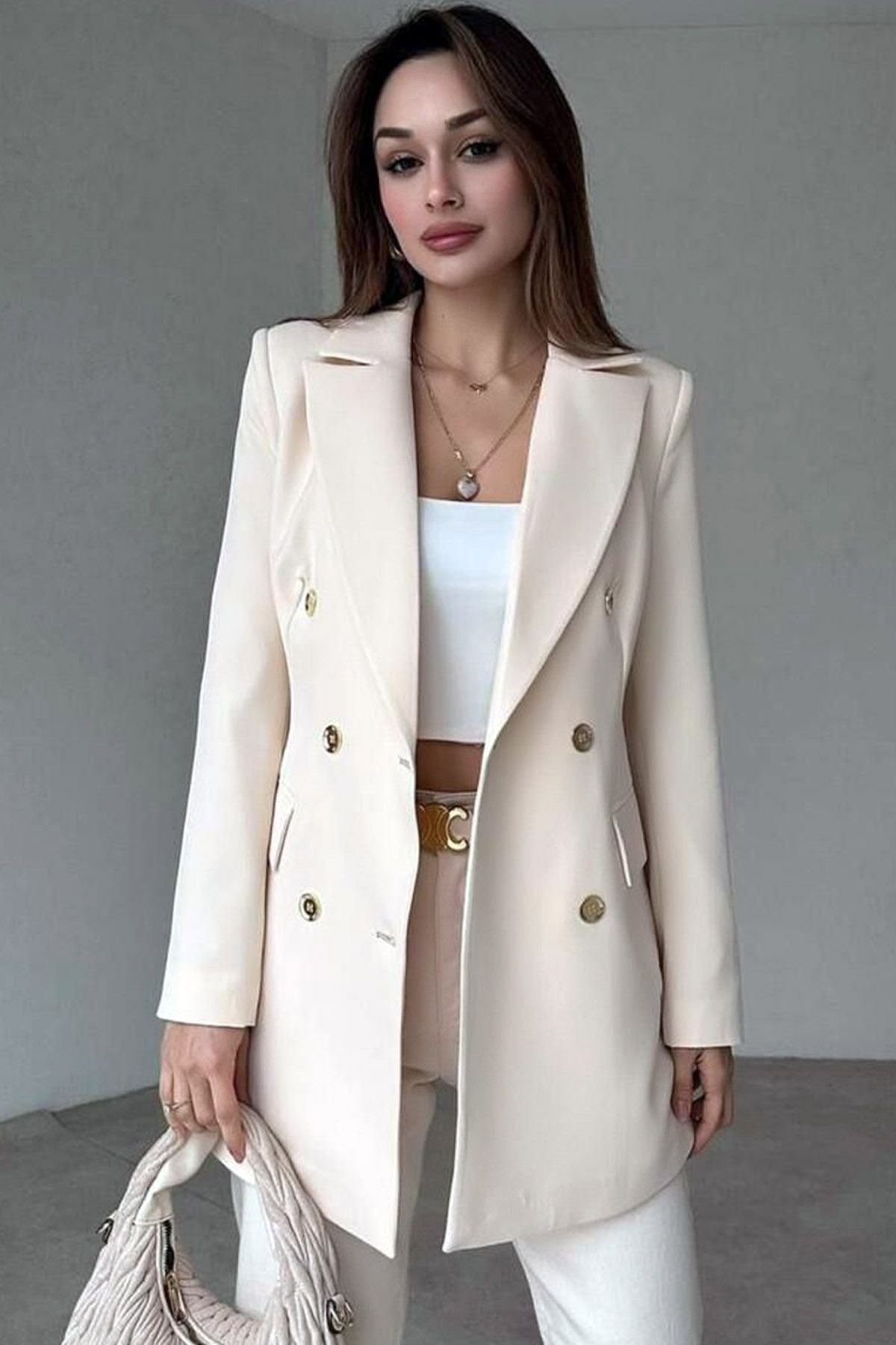 Ottawe Regular Fit Bel Oturtma Uzun Kol Cepli Düğme Detay Astarlı Vatkalı Çentikli Yaka Blazer Casual Ceket