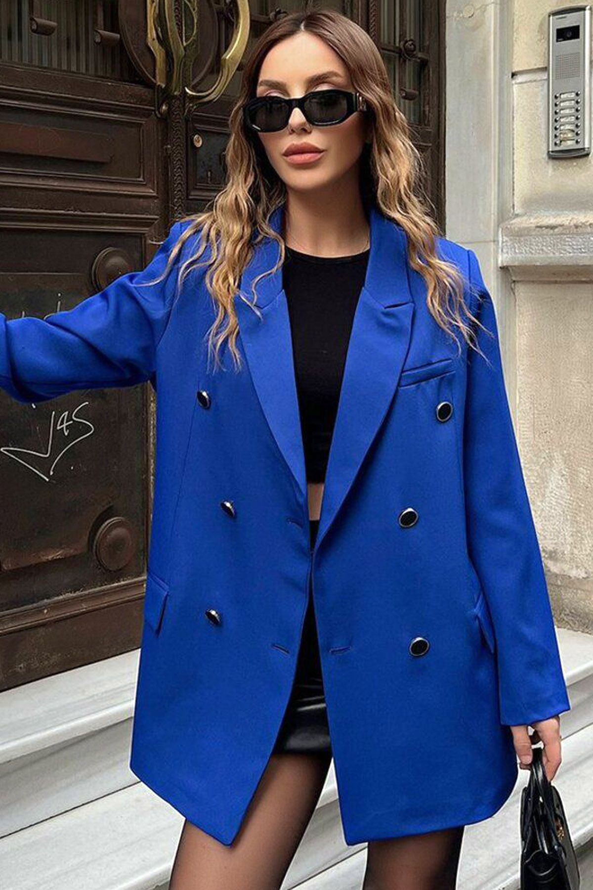 CoolLook Ceket Yaka 6 Düğme Kapamalı Astarlı Kruvaze Kapama Uzun Kollu Vatkalı Günlük Blazer Ceket