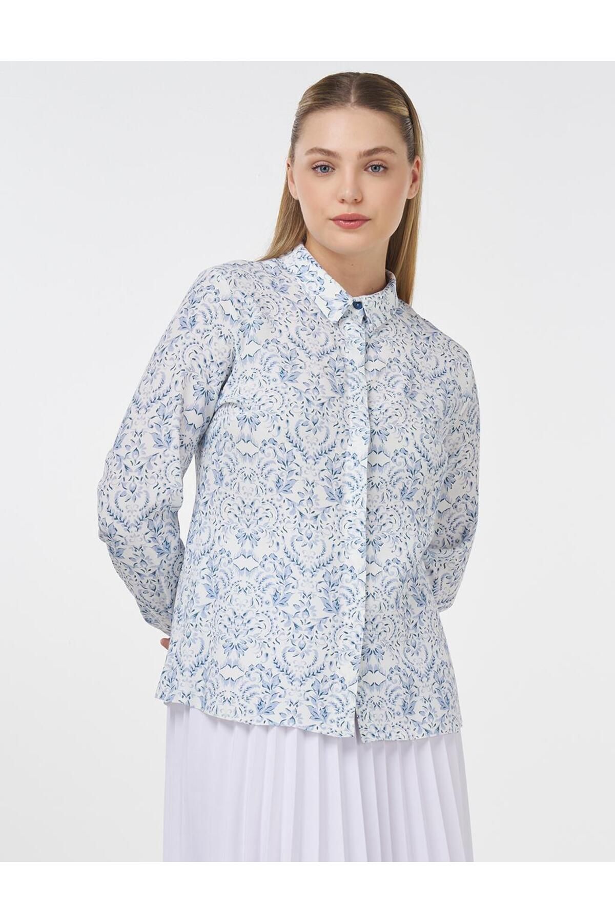 Kayra Floral Desen Viskon Bluz İndigo