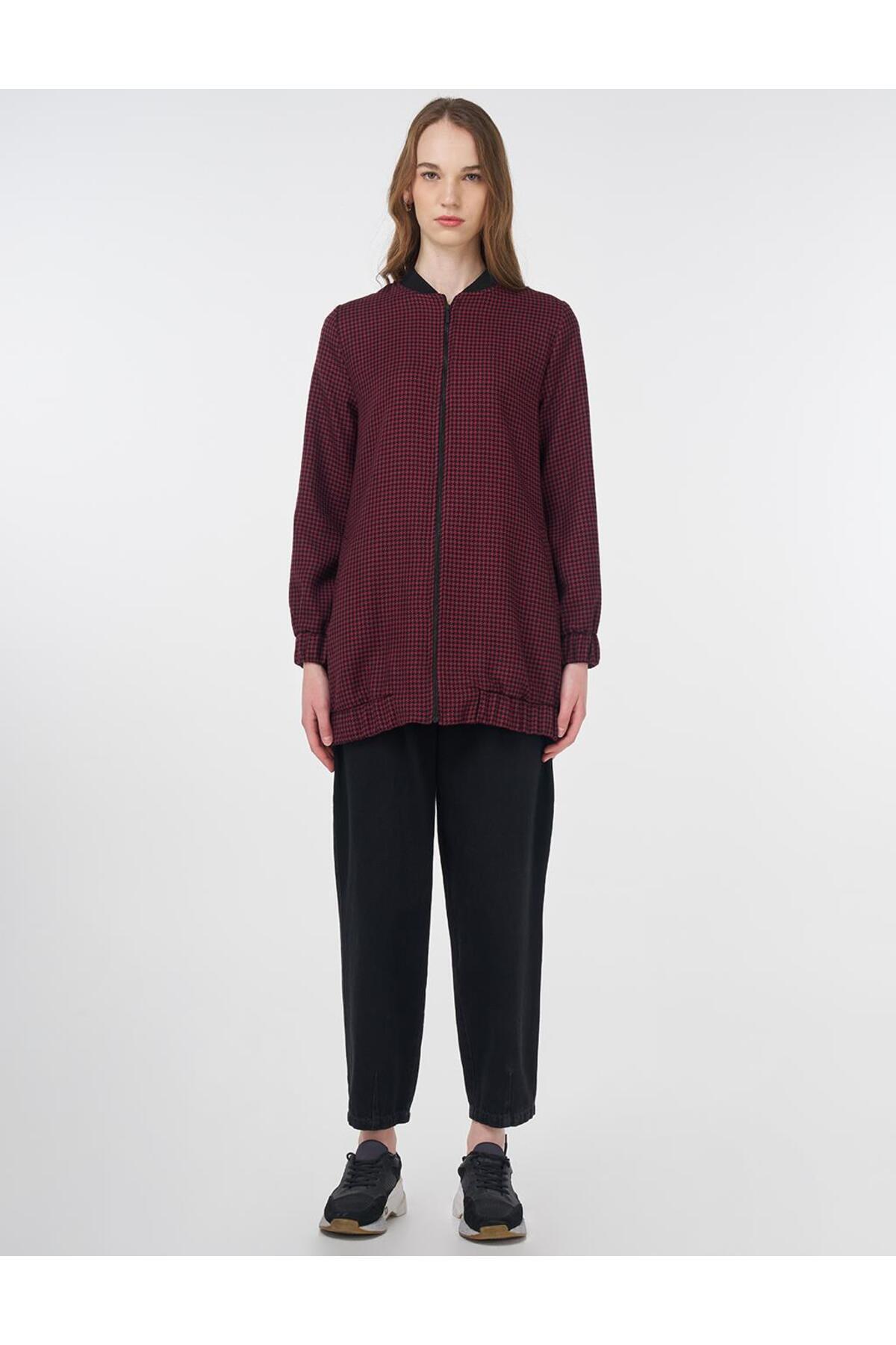 KYR-Houndstooth Pattern Basic Jacket Black-Claret Red 4