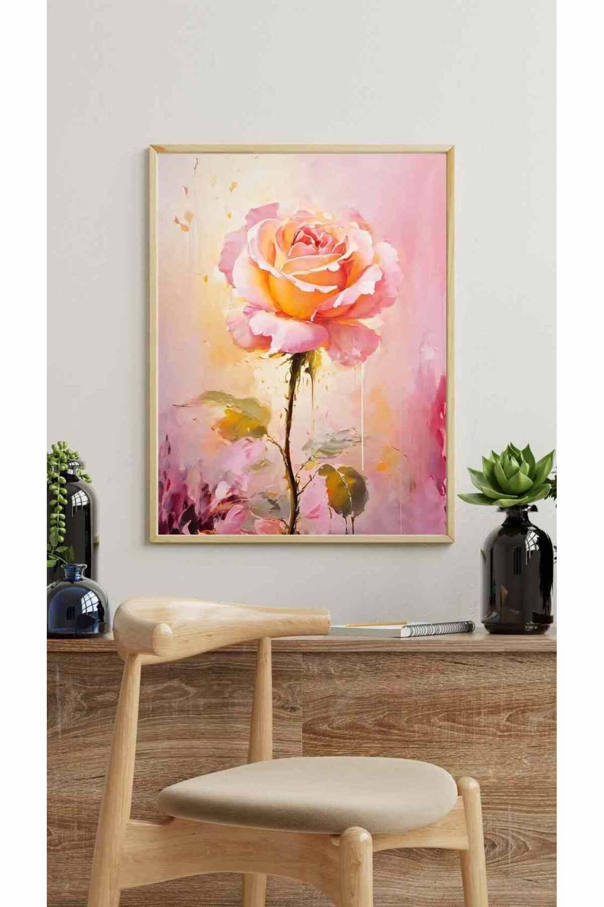 AlpiLeo Yağlıboya Desenli Pembe Gül Tablo | Ahşap Tablo | Ev, Ofis, Duvar Dekoru