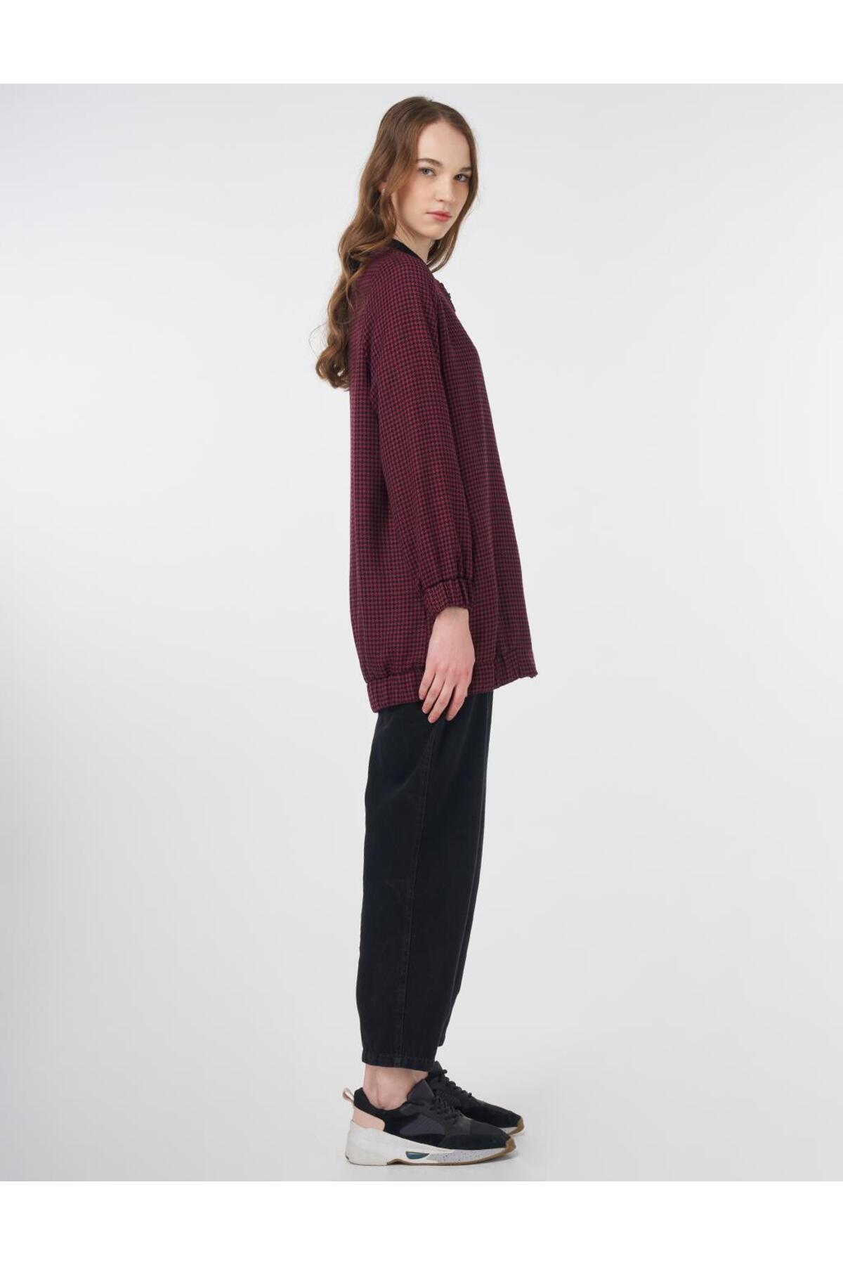 KYR-Houndstooth Pattern Basic Jacket Black-Claret Red 5