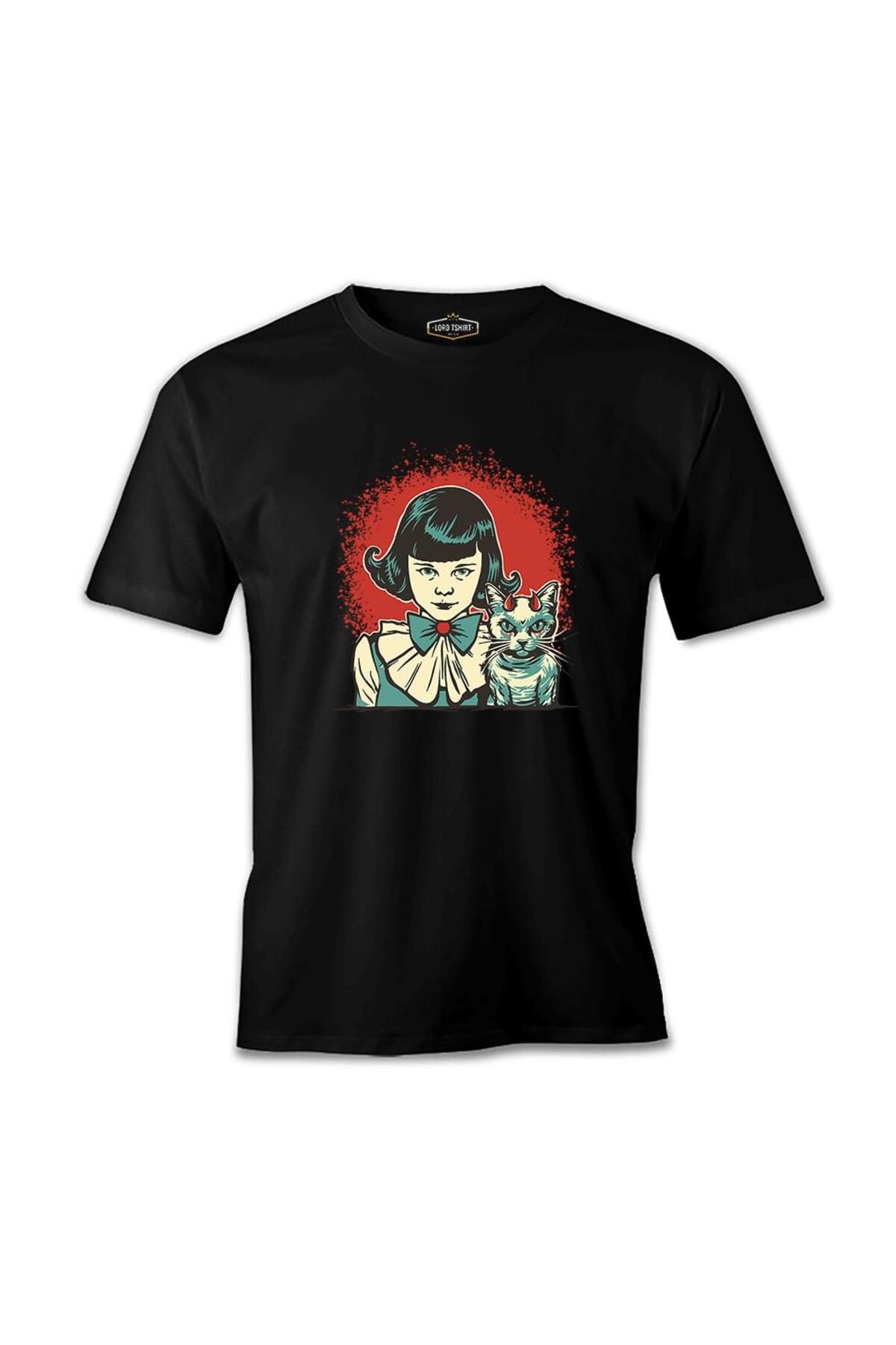Lord T-Shirt Gizemli Cadılar Bayramı - Mistik Kız ve Maskot Kedi Siyah Erkek Tshirt