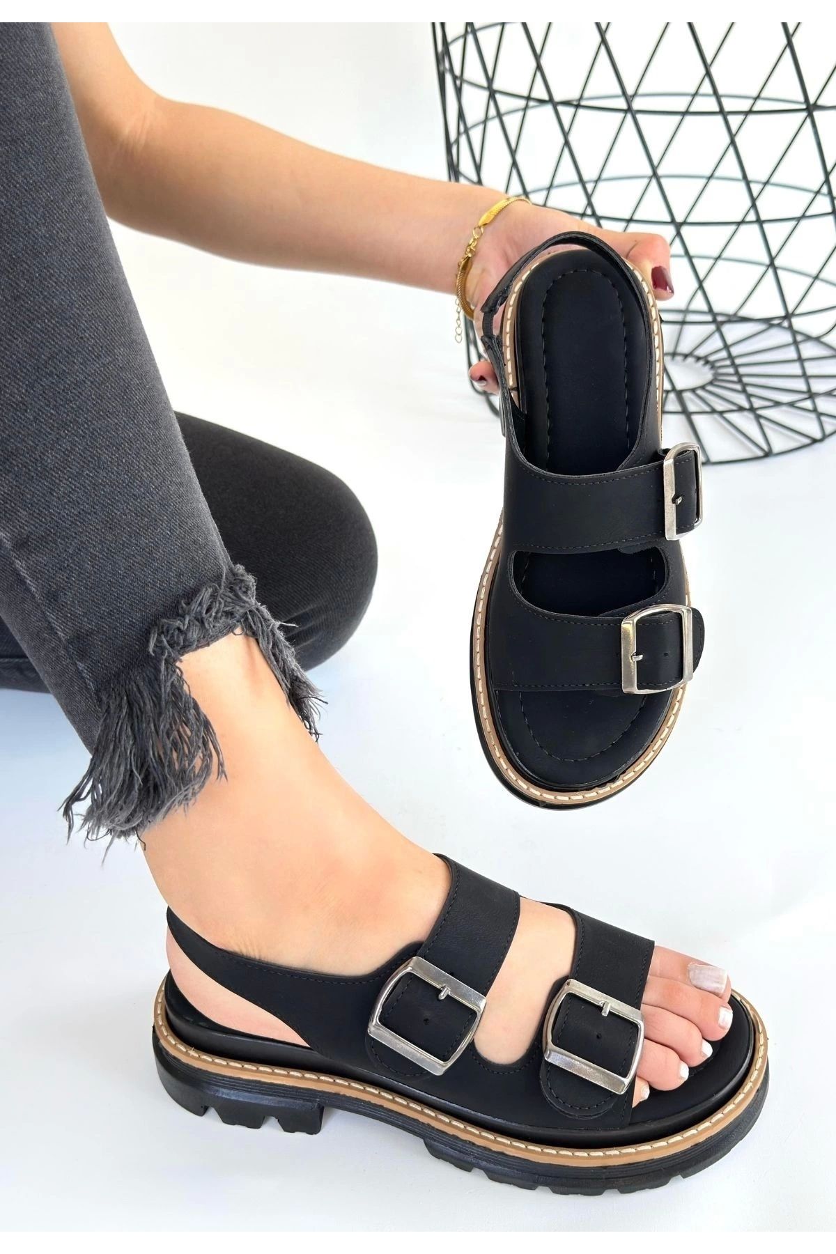 HACESHOP Milta Siyah Nubuk Sandalet