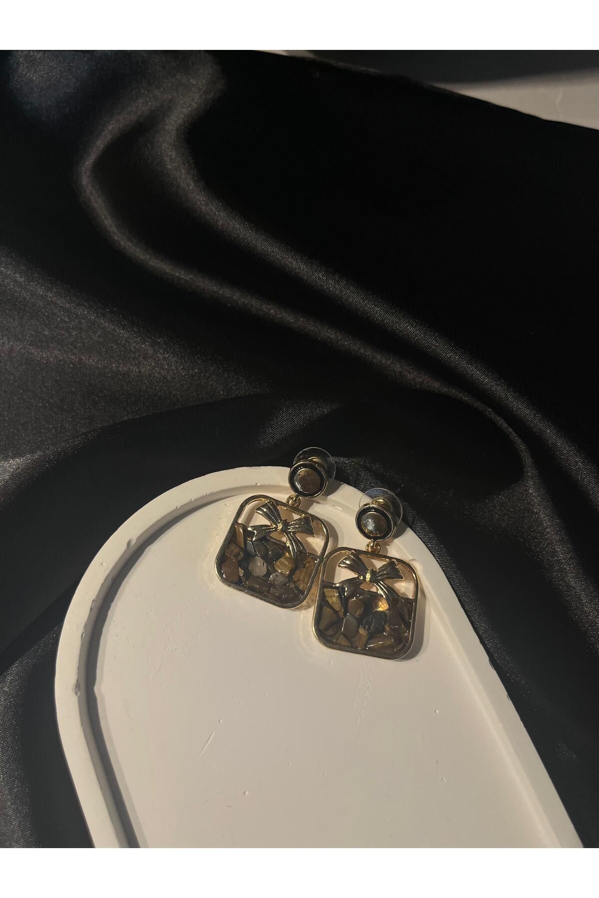 FT Tasarım ÖZEL TASARIM DOĞAL TAŞLI GOLD KAHVERENGİ SARI YANSIMALI ZİRKON KÜPE