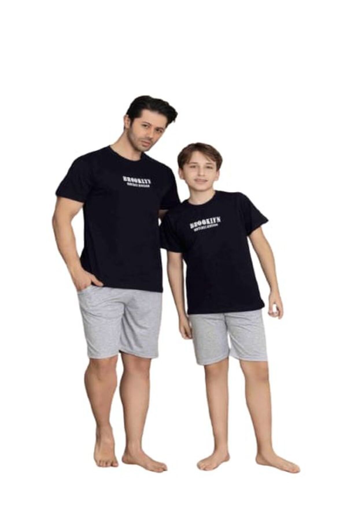 Tarık Erkek %100 Pamuk Siyah Gri Brooklyn Yazılı Bisiklet Yaka Kısa Kollu Şortlu Pijama Takımı
