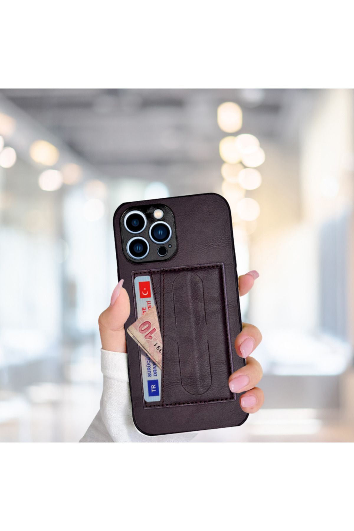 evimdeyokyok İphone 13 Pro Max Kartlıklı Standlı Lüx Deri Kılıf Mor TdrTR