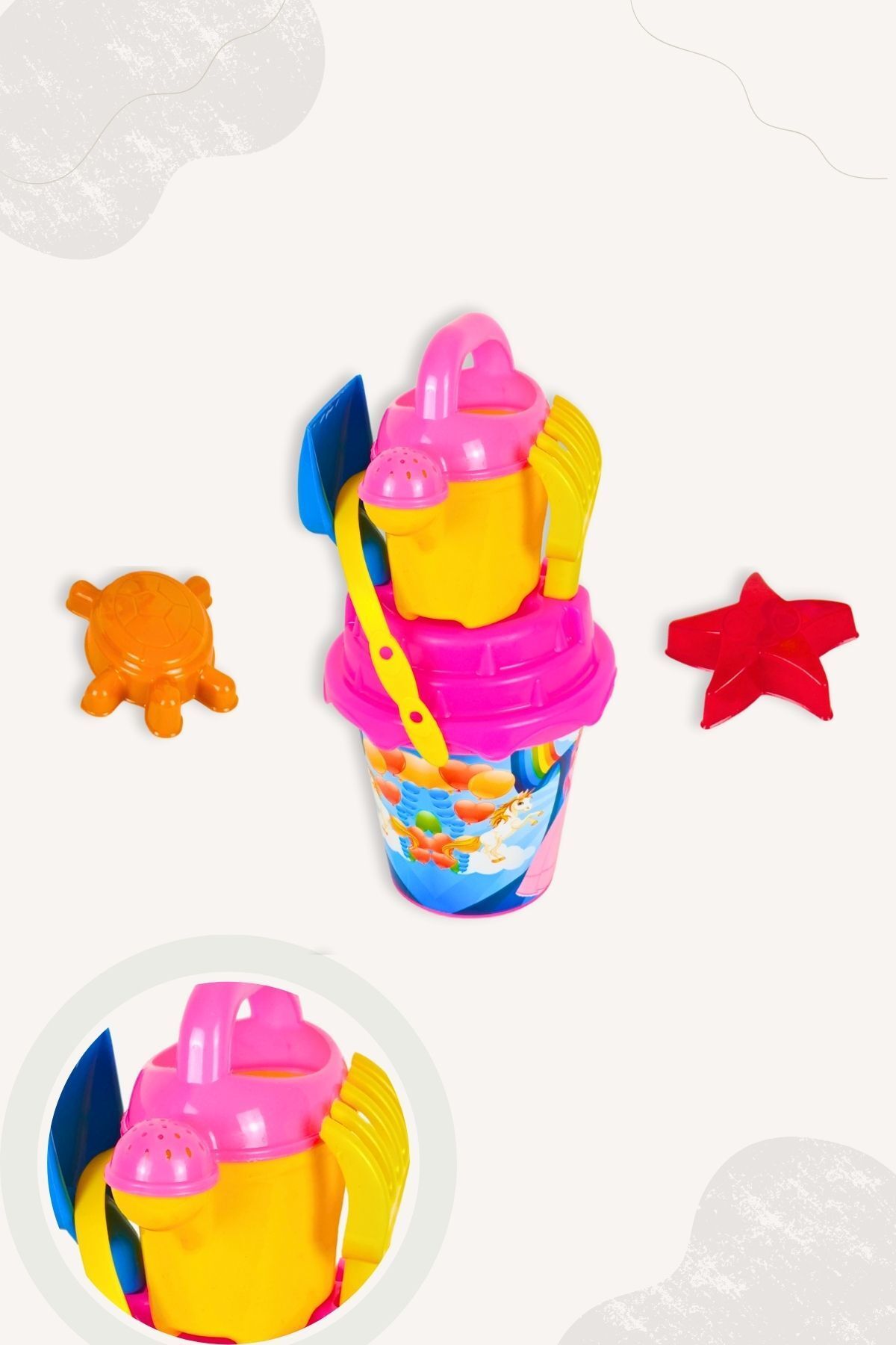 BubbyPlay Prenses Yaz Plaj Kova Seti Kova, Ibrik, Kürek, Tırmık, 2 Kum Kalıbı Karışık Renkli