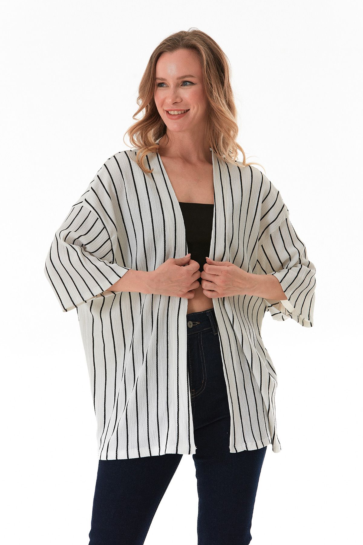 Fulla Moda Çizgili Bürümcük Kumaş Kimono