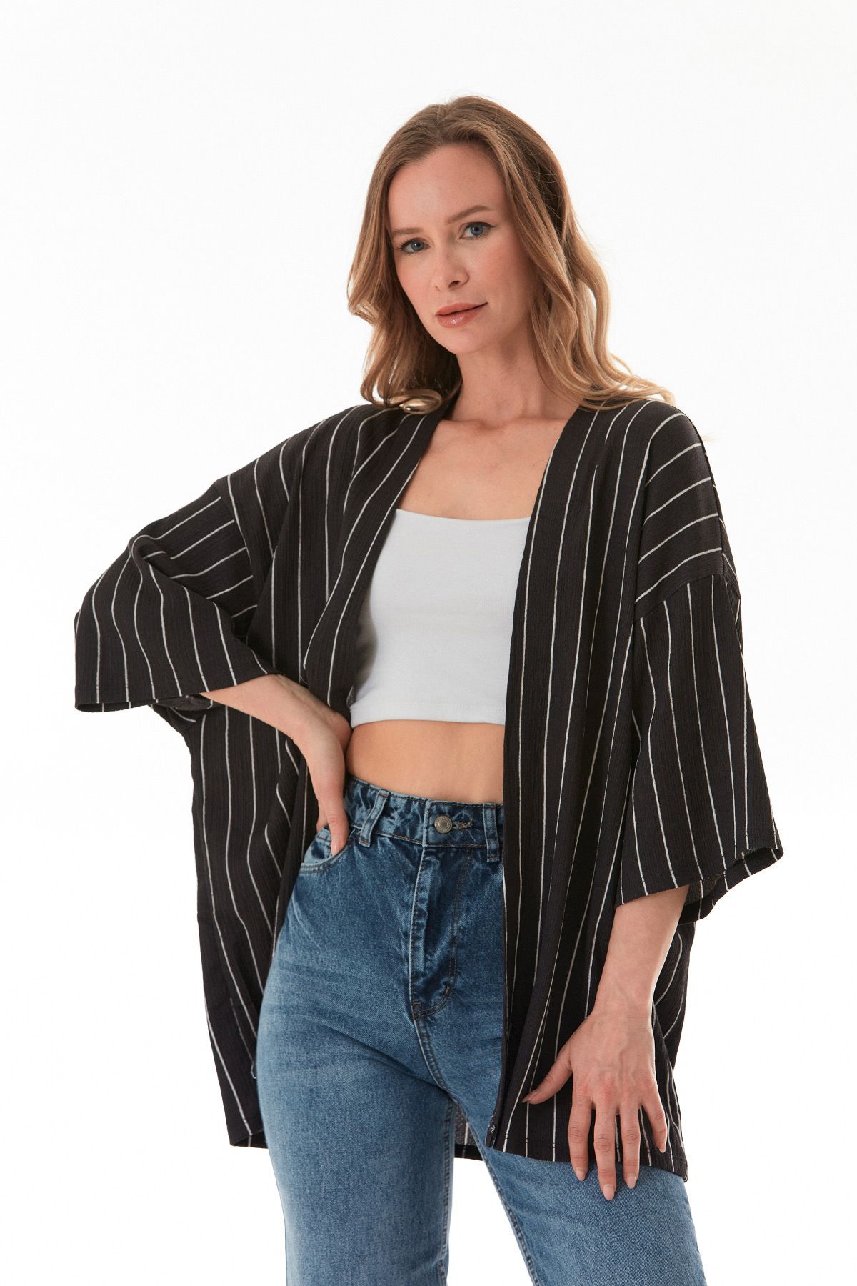 Fulla Moda Çizgili Bürümcük Kumaş Kimono