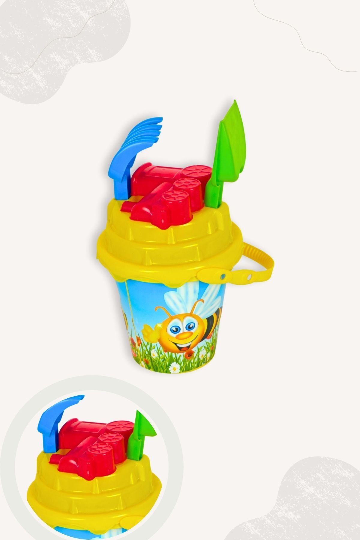 BubbyPlay Arı Yaz Plaj Kova Seti Kova, Kürek, Tırmık, Rastgele 1 Kum Kalıbı Karışık Renkli