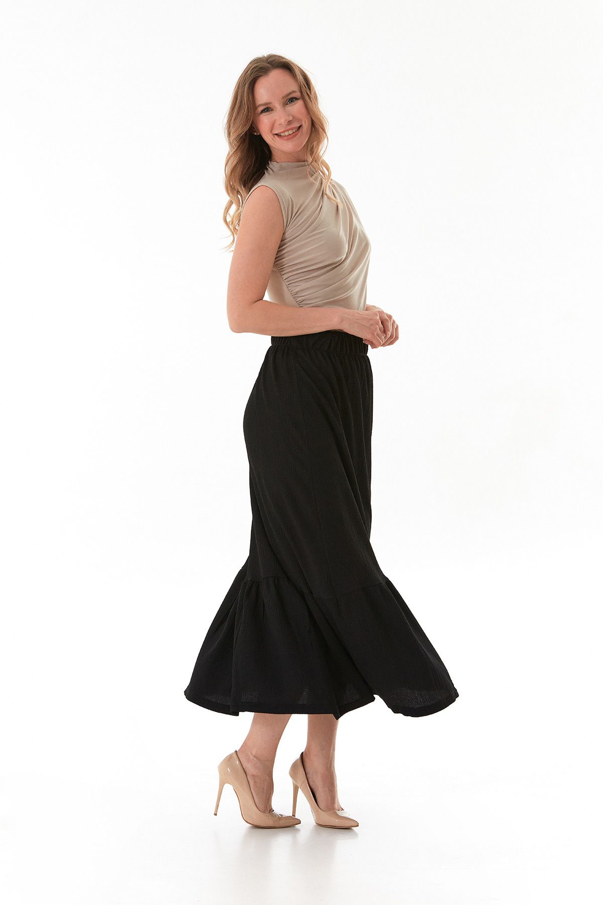 Fulla Moda-Bürümcük Fabric Elastic Waist Skirt 2