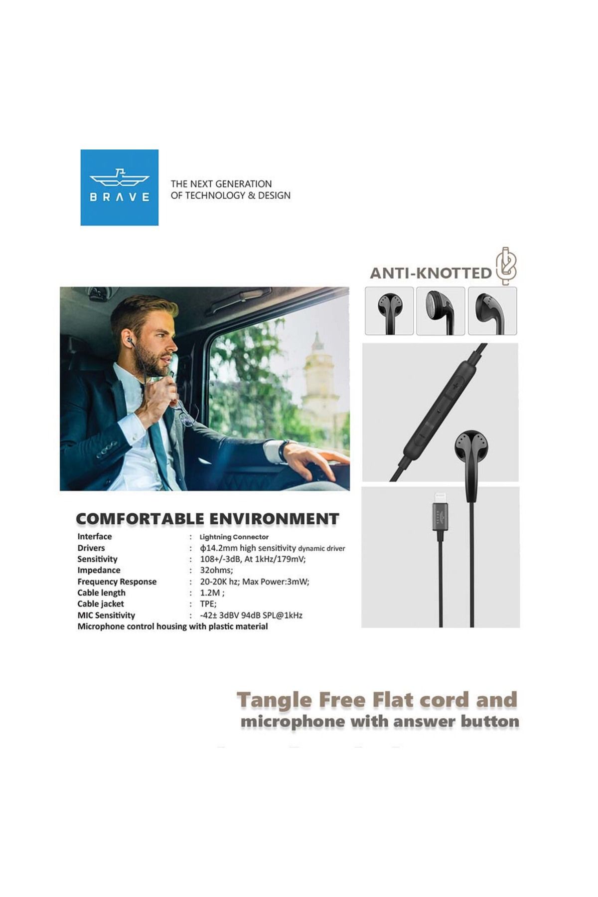 Brave-Mono Earphone Lightning Connector for iPhone, MFi Certified In-Ear Headset with Mic - Black 4