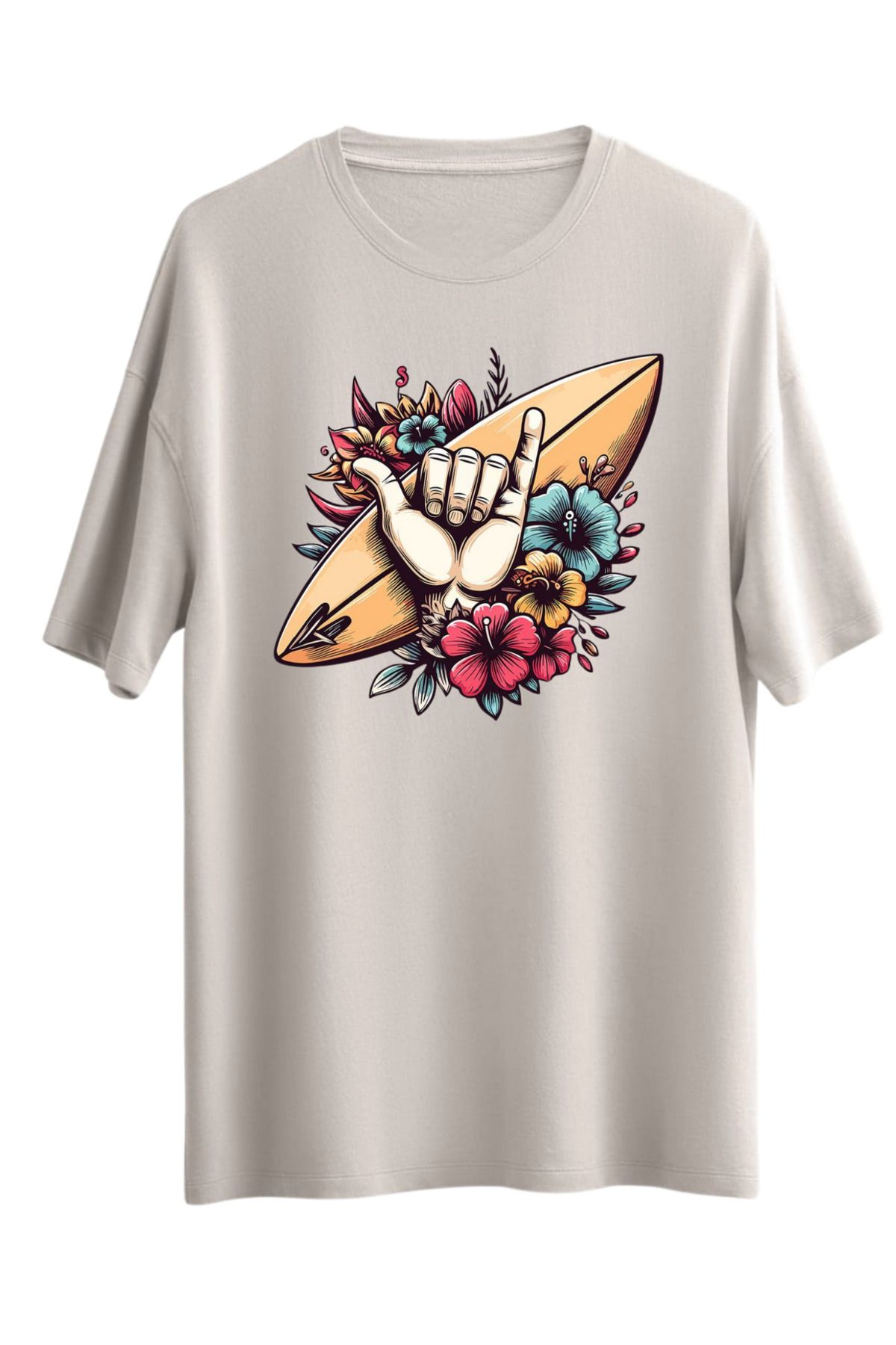 MODA SÖRF PLAJ Baskılı Bol Kesim Oversize Omuzu Düşük T-shirt Tüylenmez %100 Pamuk