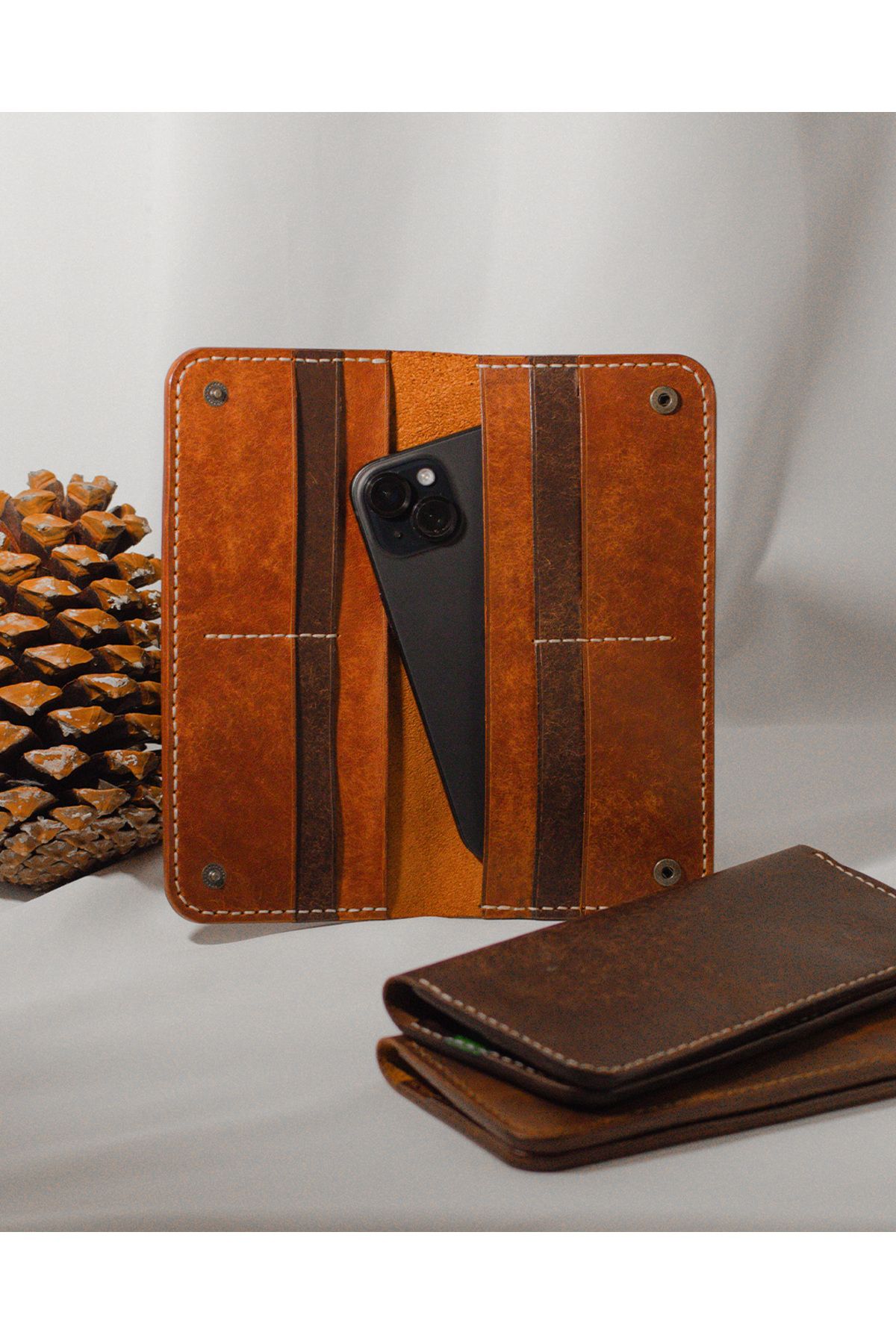 Glare Leather Goods Telefon Bölmeli Cüzdan - Hakiki Deri Cüzdan - Telefon Hazneli Uzun Cüzdan Taba