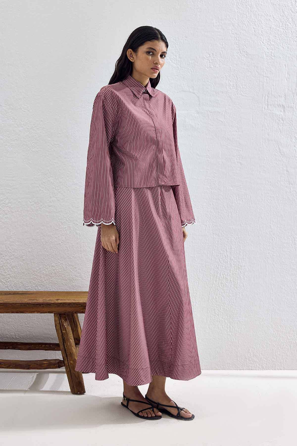 Hooopstore Luna Nakış Detaylı Çizgili Bordo Etekli Takım