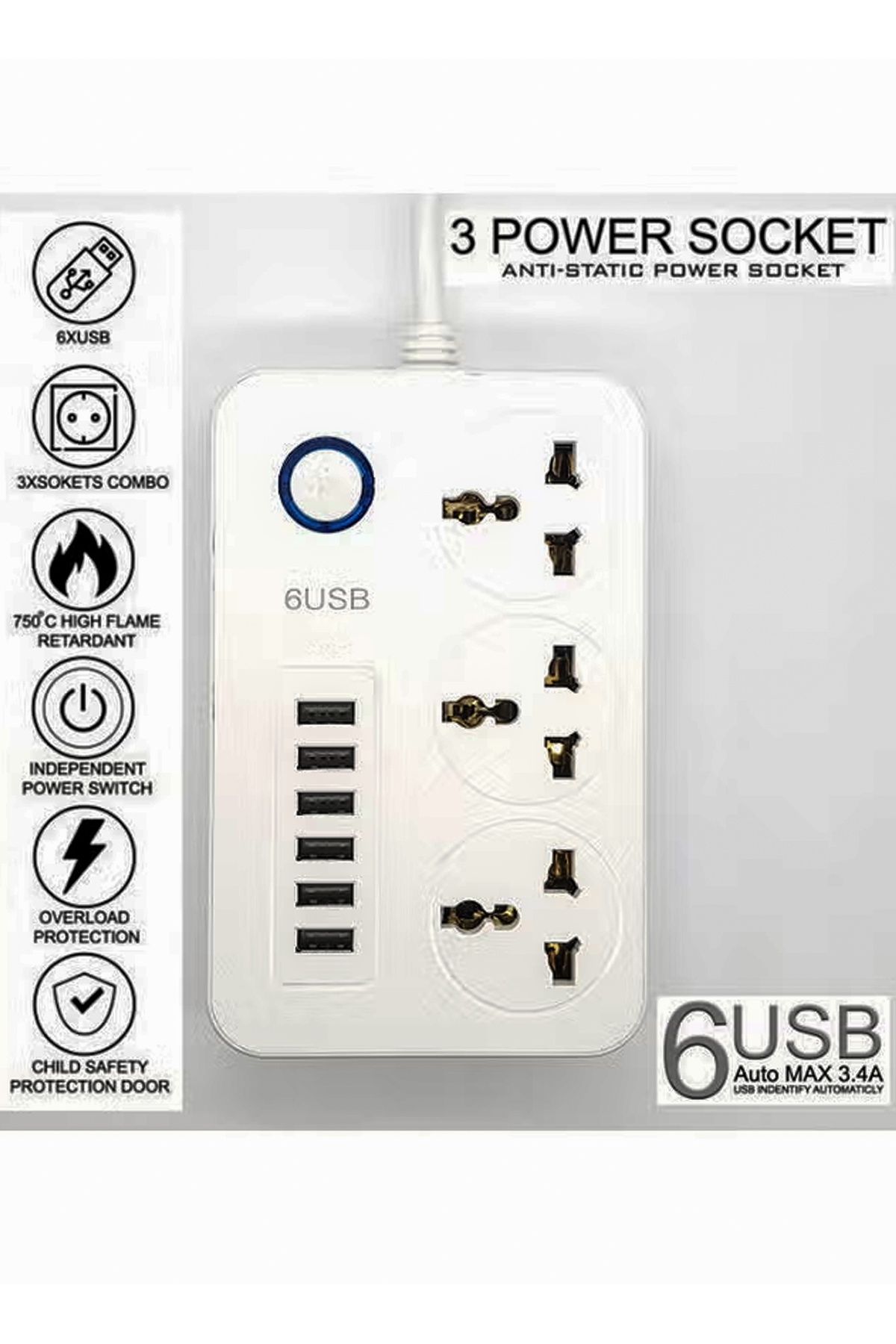 DBLEW-3 مقابس عالمية، شرائط طاقة، أسلاك تمديد، محول، 6 منافذ شحن USB، كابل بطول 2 متر 7