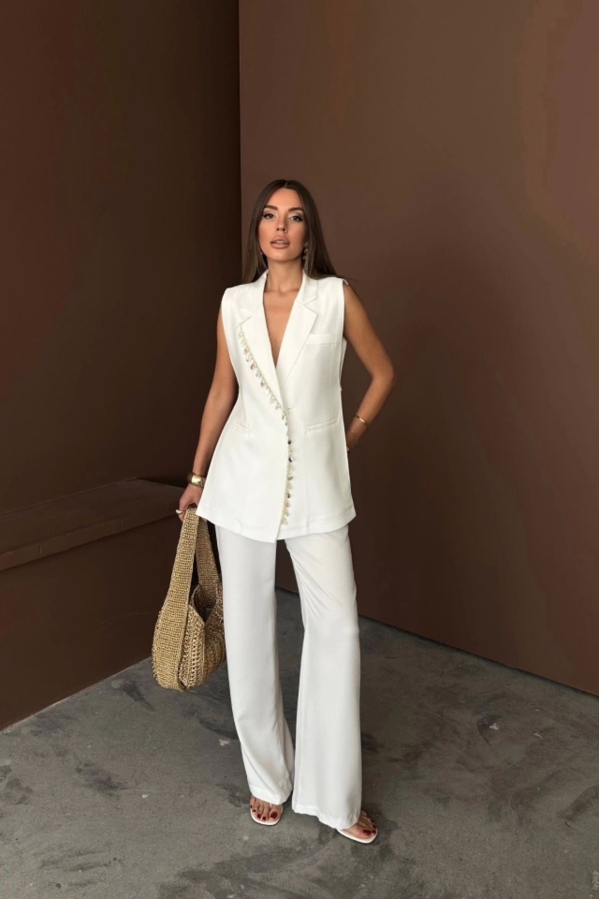 Butik YAKA MİDYE KABUĞU SIRALI YELEK - PANTOLON TAKIM KETEN KUMAŞ - Beyaz