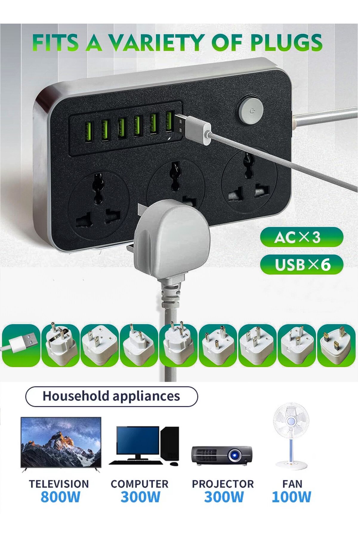 DBLEW-3 مقابس عالمية، شرائط طاقة، أسلاك تمديد، محول، 6 منافذ شحن USB، كابل بطول 2 متر 2