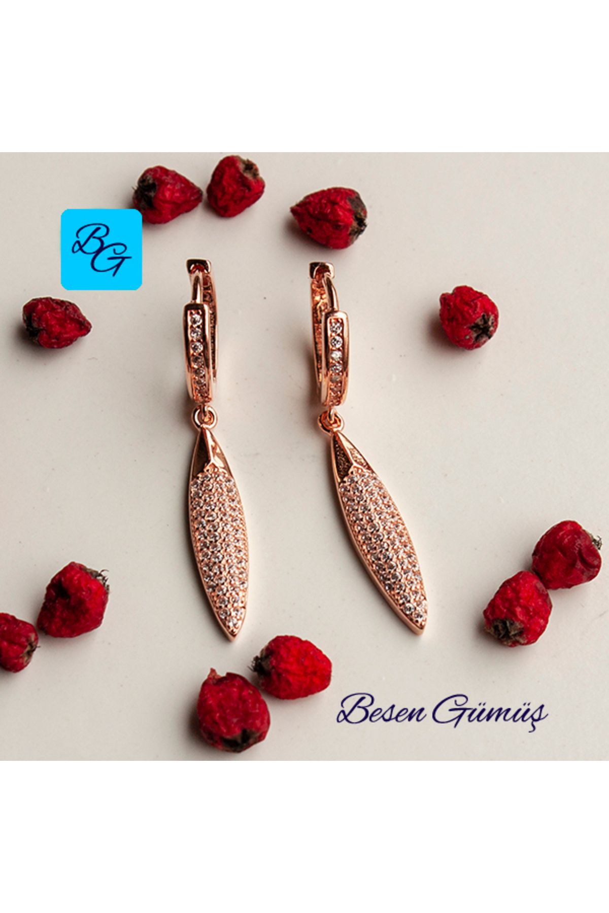 Besen Gümüş Rose Zirkon Taşlı Oval Sallantılı Halka Küpe