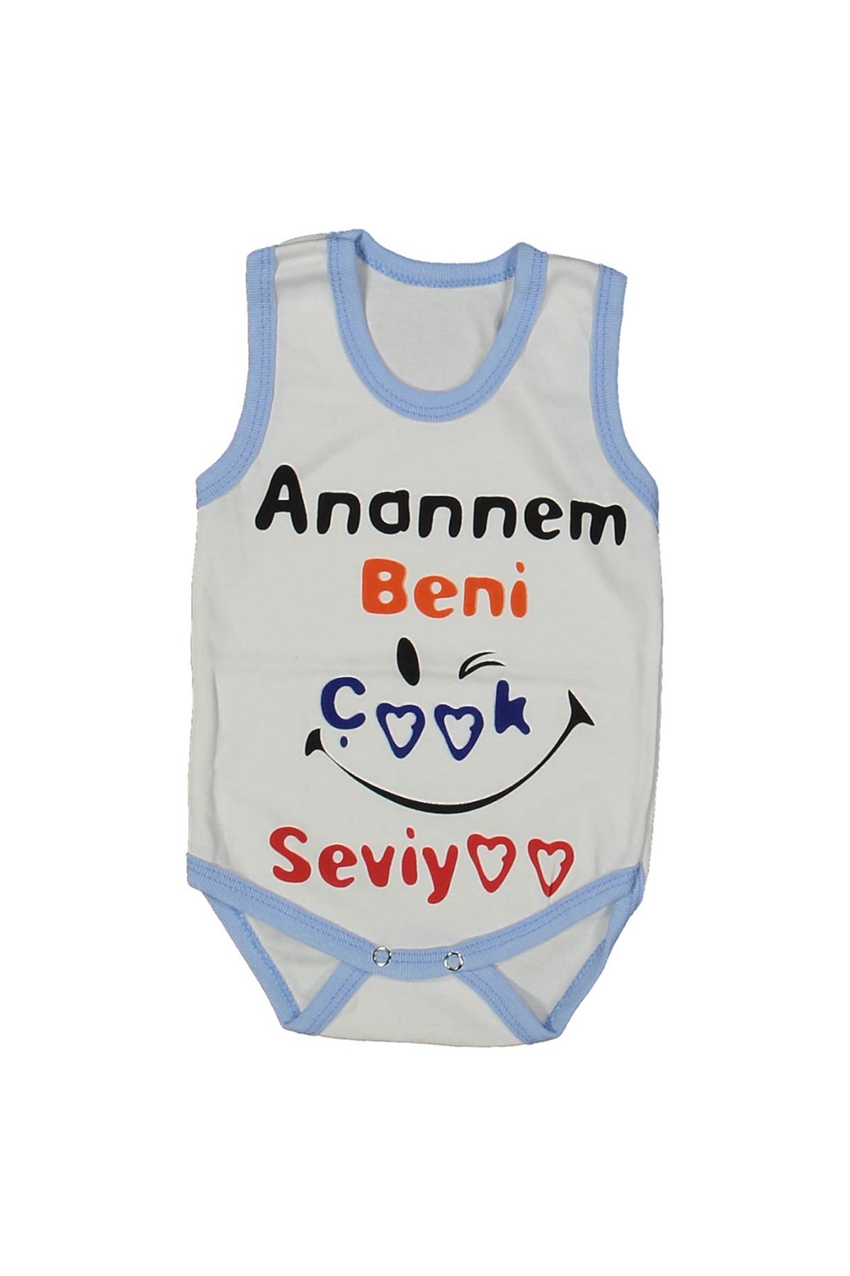 by BebekOdam Beyaz Mavi Biyeli Anaannem Beni Seviyor Yazılı Askılı Zıbın