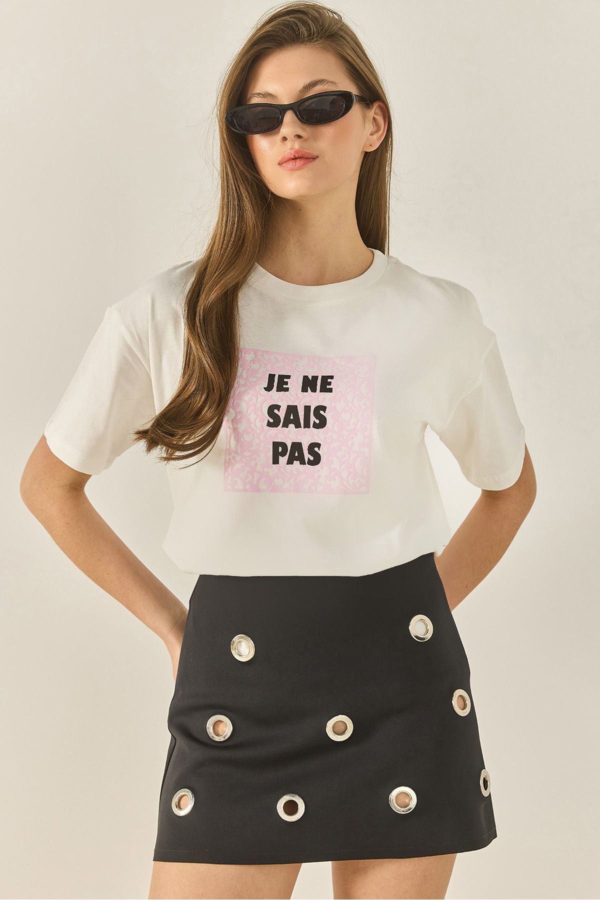 Bianco Lucci Kadın Bisiklet Yaka Kısa Kollu Baskılı Pamuklu Salaş T-Shirt 5447 60283289