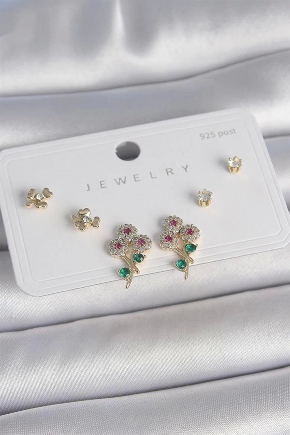 FASHIONLINE Pirinç Gold Renk Renkli Zirkon Taşlı Çiçek Model Yaprak Detay 925 Ayar Gümüş Çivi Kadın Küpe Seti