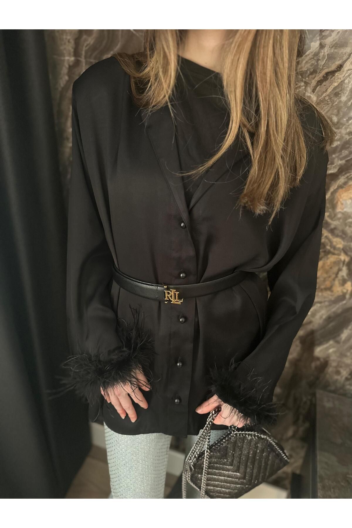 ZBA COUTURE Tüy Detaylı Vatkalı Saten Gömlek
