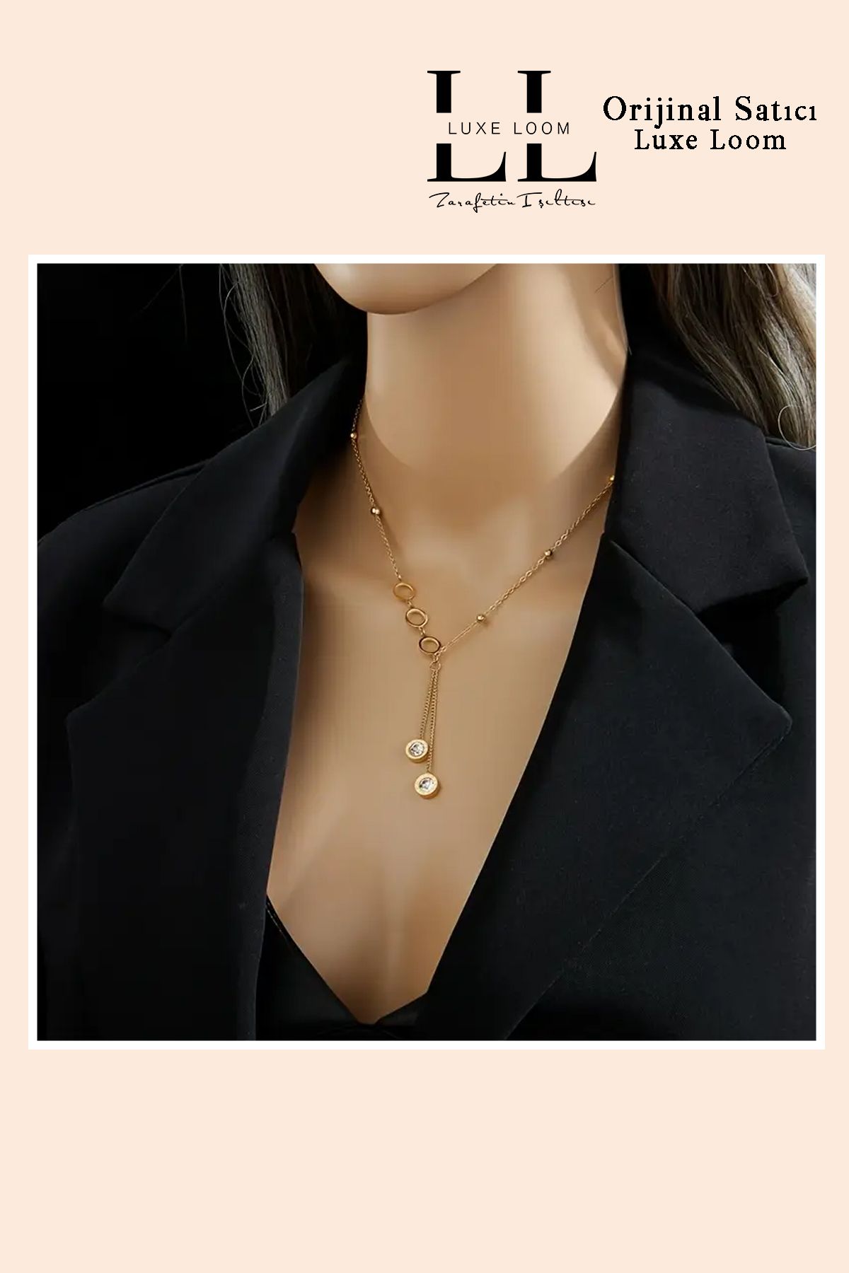 Luxe Loom Zarafetin Işıltısı Kadın Kararmayan Çelik Gold Zirkon Taşlı Y Kolye 001