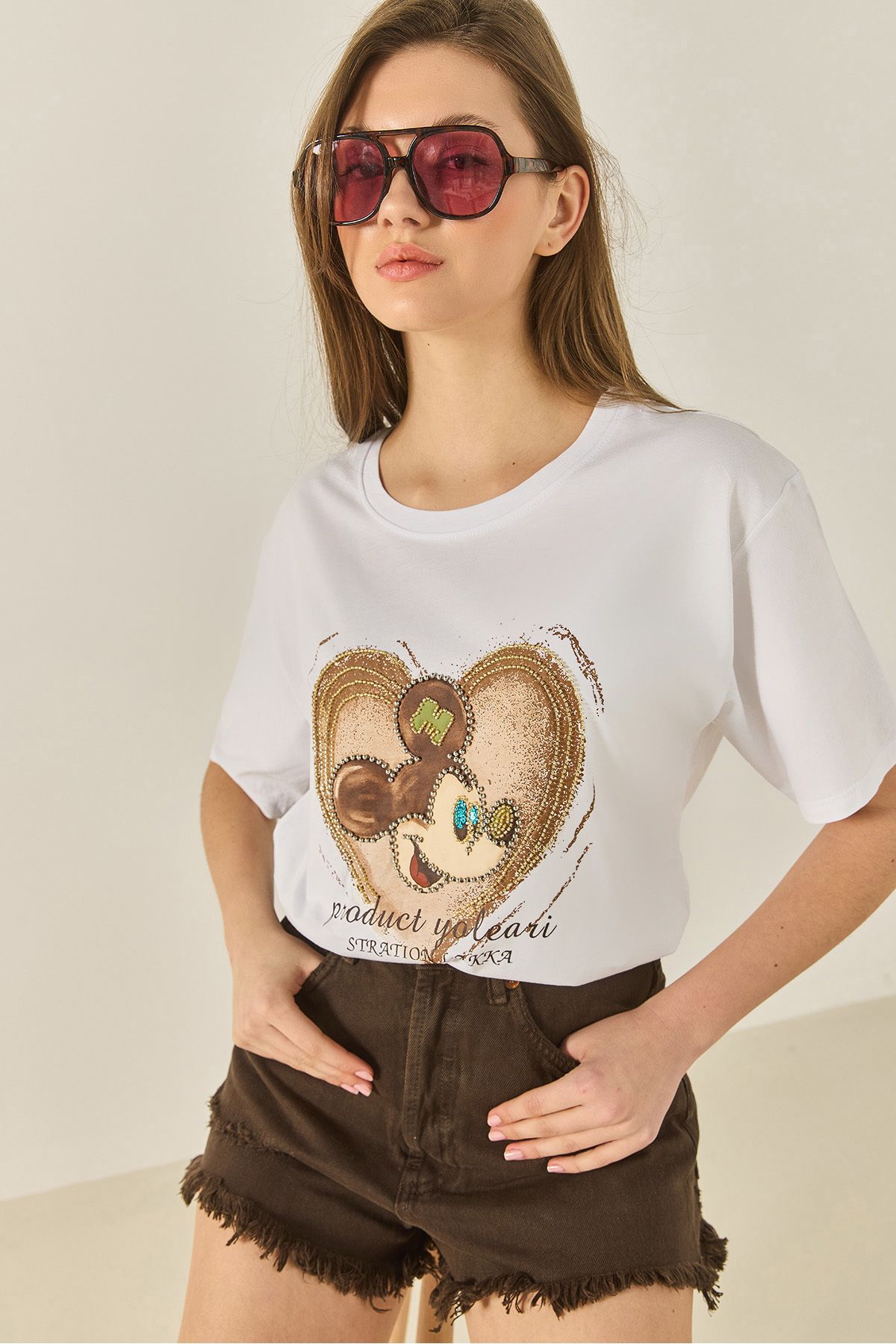 Bianco Lucci Kadın Mickey Mouse Baskılı Boncuk İşlemeli Oversize Pamuklu T-Shirt 1633 60283284