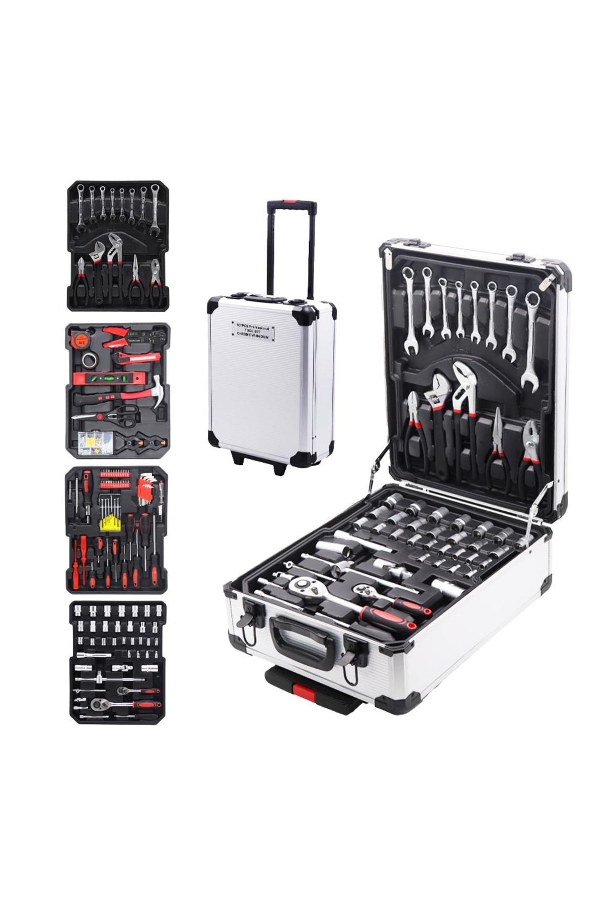 حقيبة الأدوات وصندوق الأدوات 187 قطعة حقيبة مزودة بعجلات لسهولة التنقل