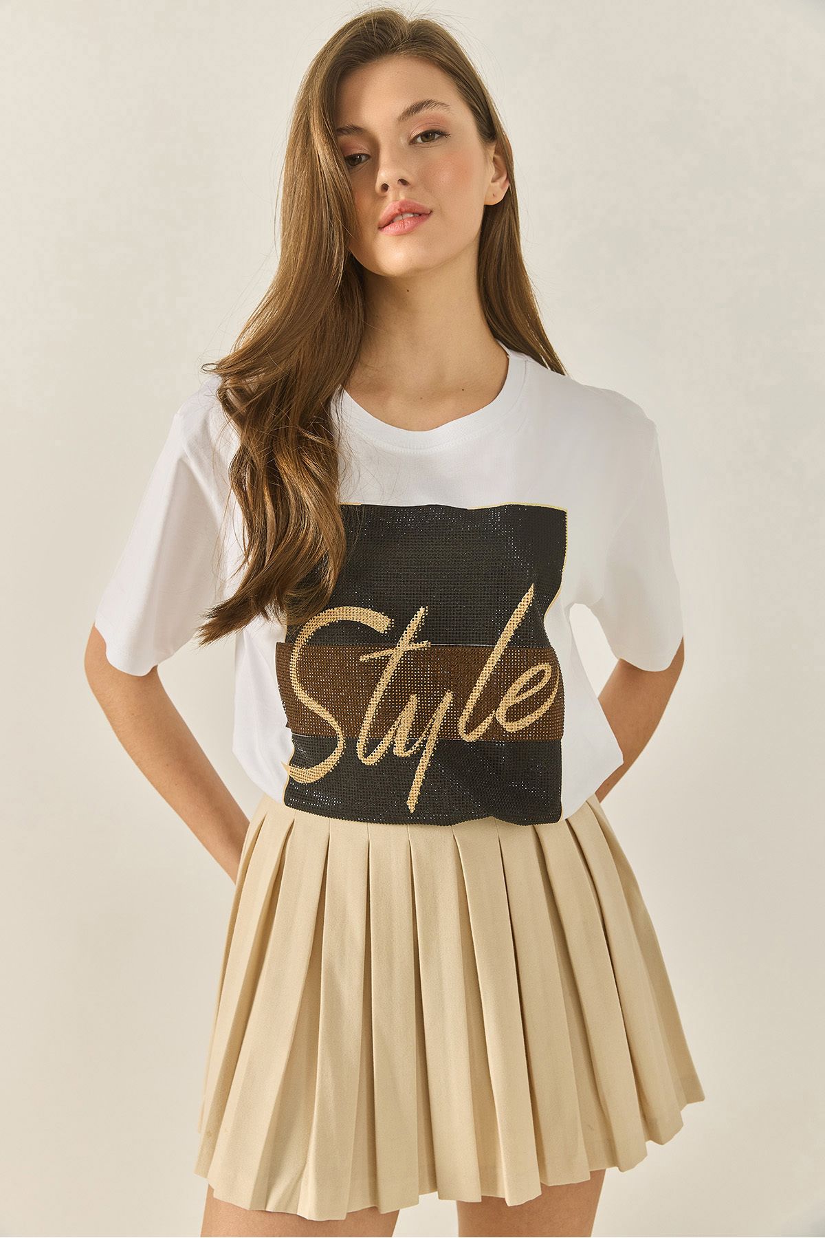 Bianco Lucci Kadın Style Yazılı Taş Baskılı Rahat Kalıp Pamuklu T-Shirt 1610 60283282