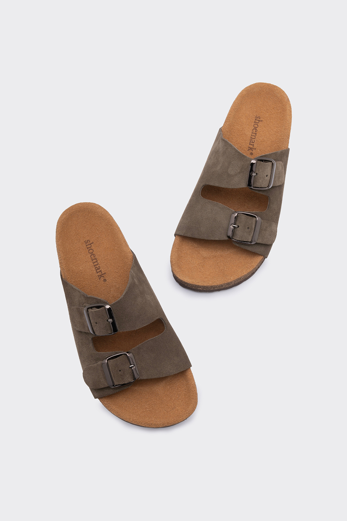 SHOEMARK-Gabba Khaki Genuine Leather Suede Buckle Detailed Women's Slippers 3