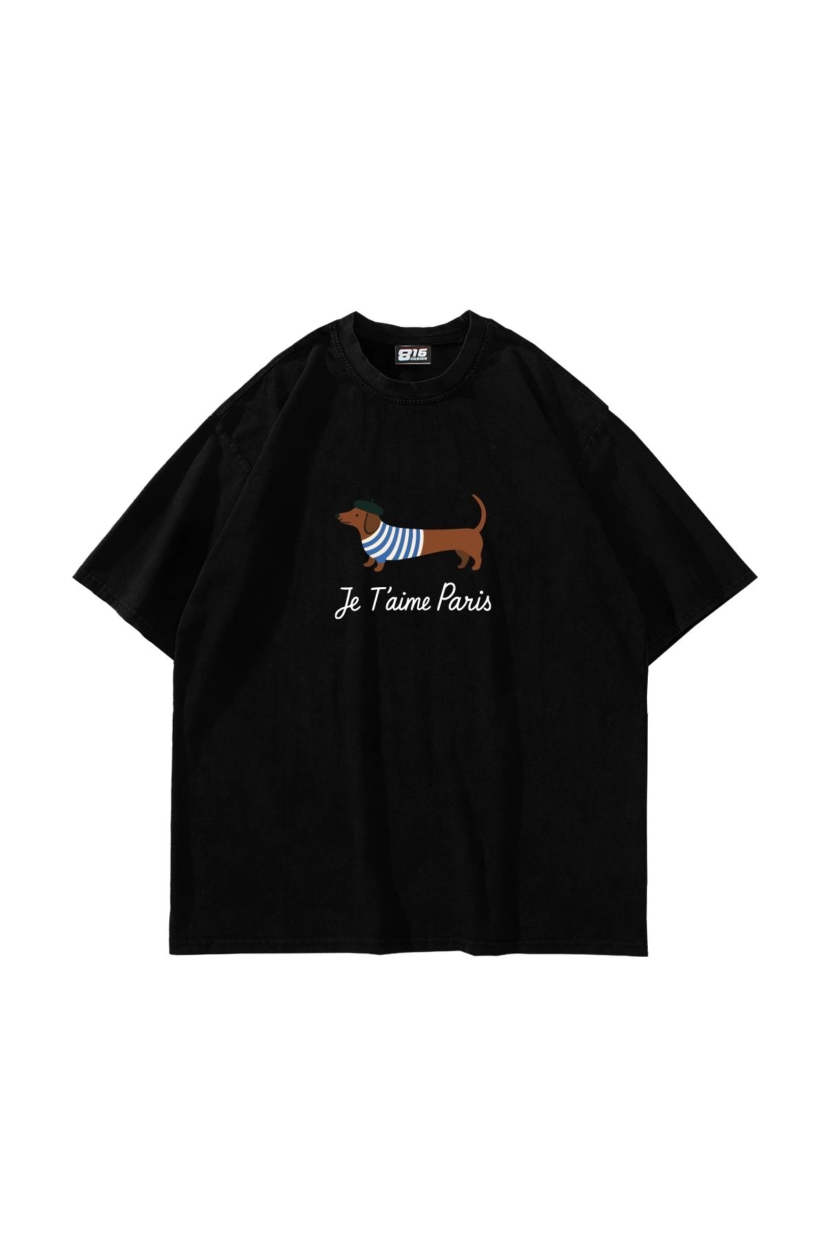 Sekizbiraltı Je T'aime Paris Baskılı Oversize Unisex Siyah Tshirt