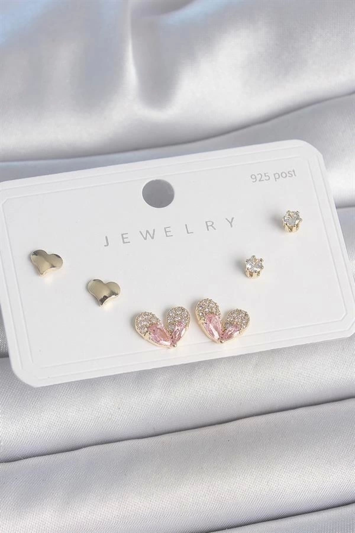 FASHIONLINE Pirinç Gold Renk Pembe Zirkon Taşlı Kalp Model 925 Ayar Gümüş Çivi Kadın Küpe Seti