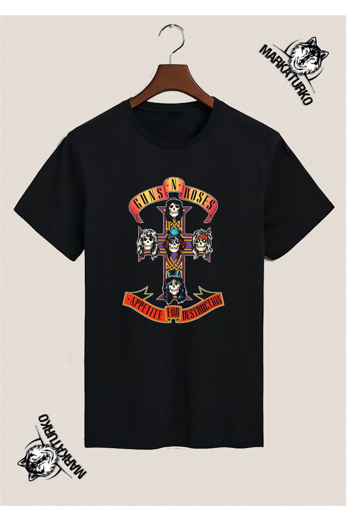 MarkaTurko Guns'n roses müzik grubu ÖZEL TASARIM BASKILI SİYAH TSHİRT 77029-29
