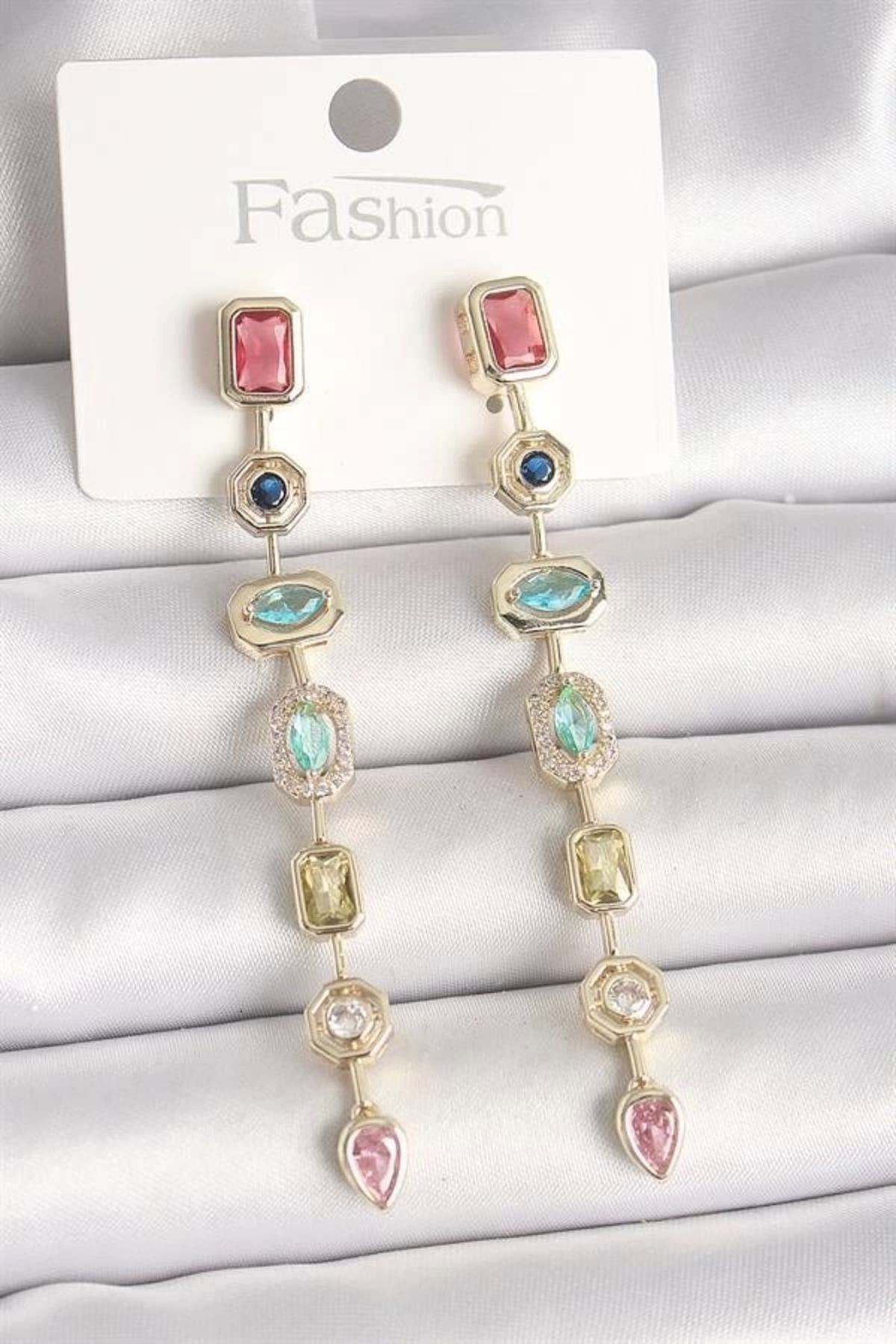 FASHIONLINE Pirinç Gold Renk Renkli Zirkon Taşlı Sallantı Model Kadın Küpe