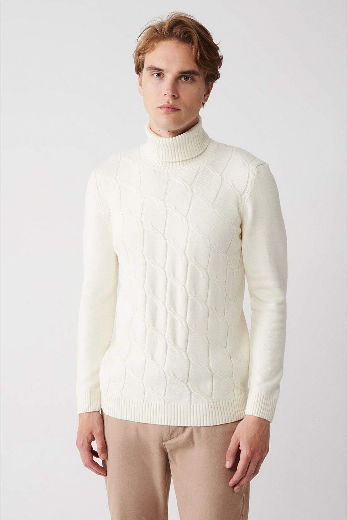 Avva-Herren-Strickpullover in Ecru mit Rollkragenpullover und weichem Knopf A32y5117 4