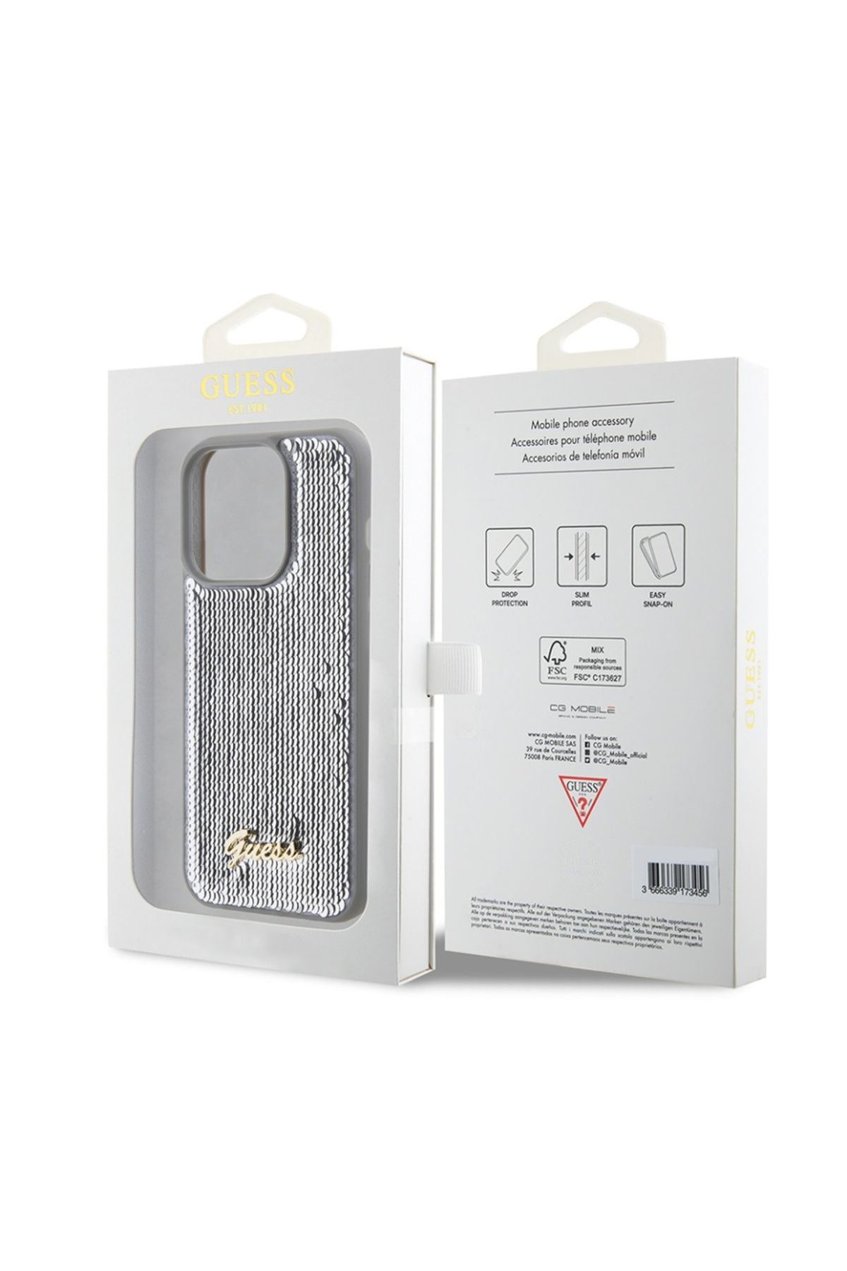 Guess-IPhone 15 Pro Max Case, Sequin Script Metal, Guess - Silver 7