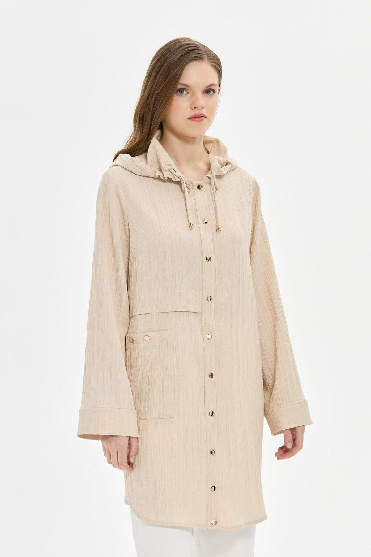 Esswaap-Hooded Detailed Wear-Out Tunic Beige 4