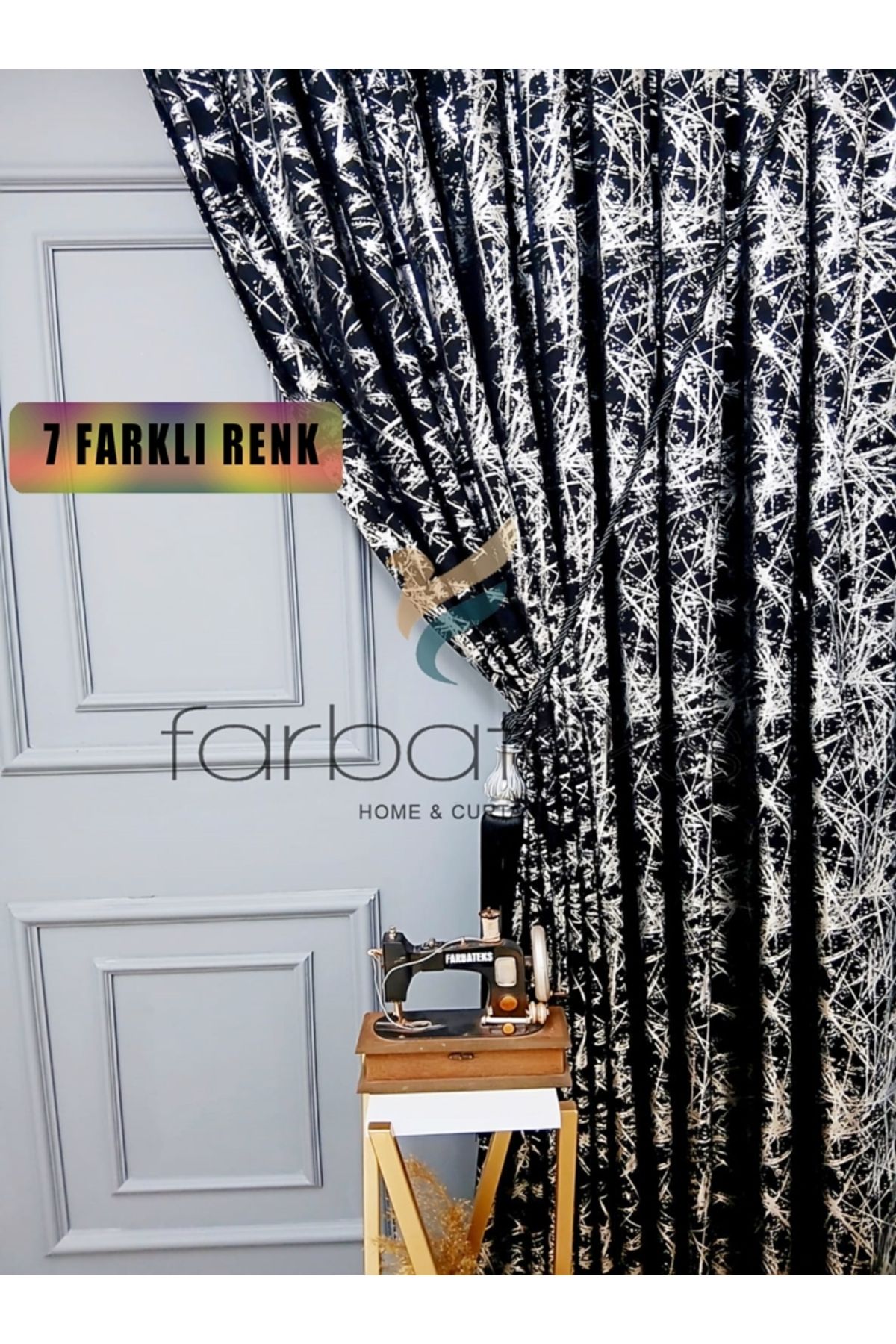 farbateks Siyah Gri Silver Varak Parlak Bağcıklı Opart Kumaş 3Kat Pileli Fon Perde