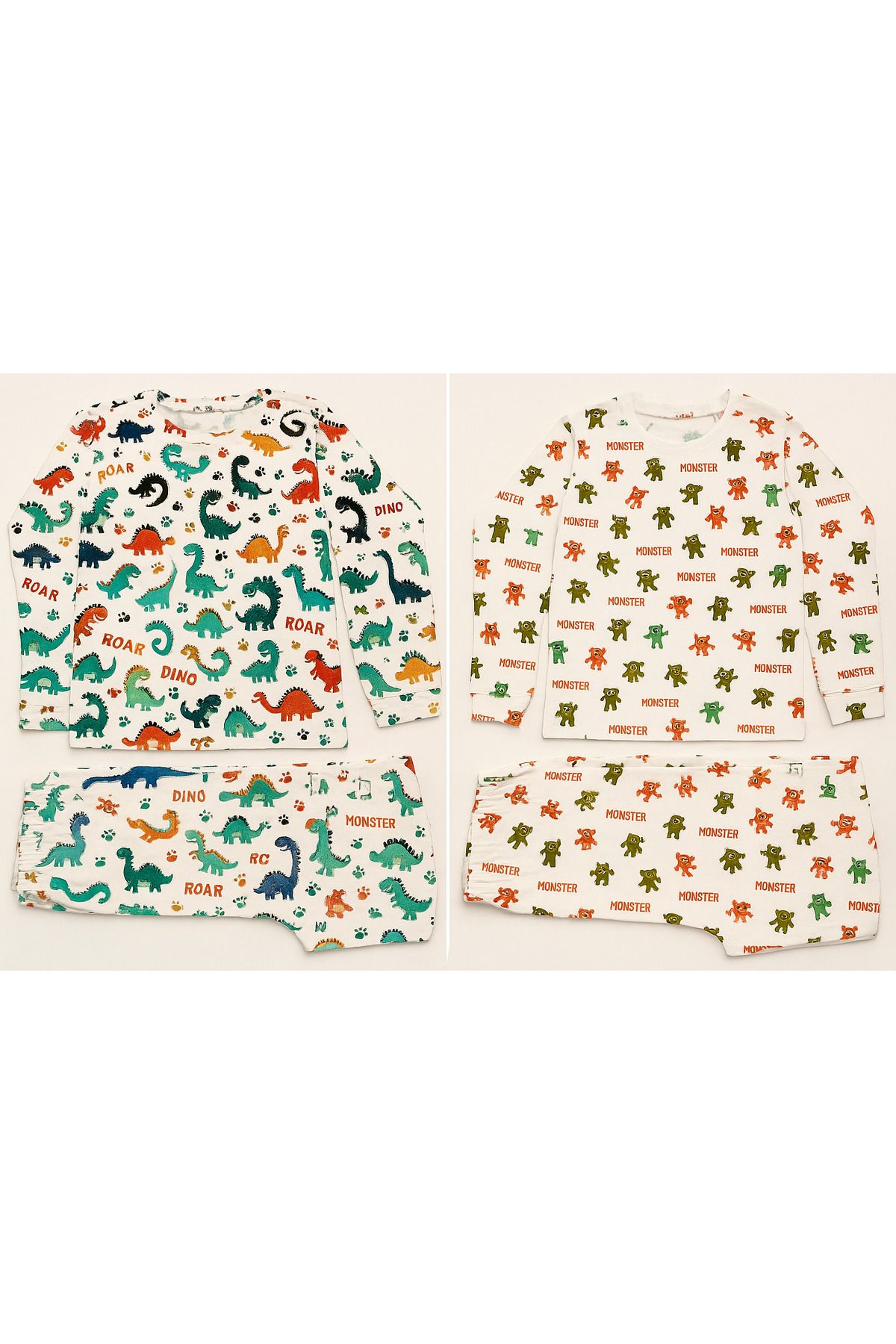 JUNİOR TİAMO Renkli Desenli Pamuklu Çocuk Pijama Takımı (2 Parça) – Dinozor & Canavar Temalı
