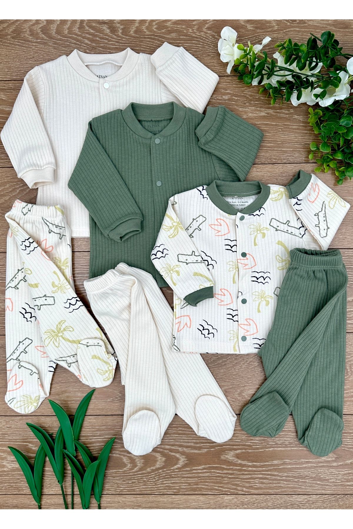 PATSAN 6'lı Pamuklu Bebek Hırka Pijama Takımı Okyanus Palmiye Timsah