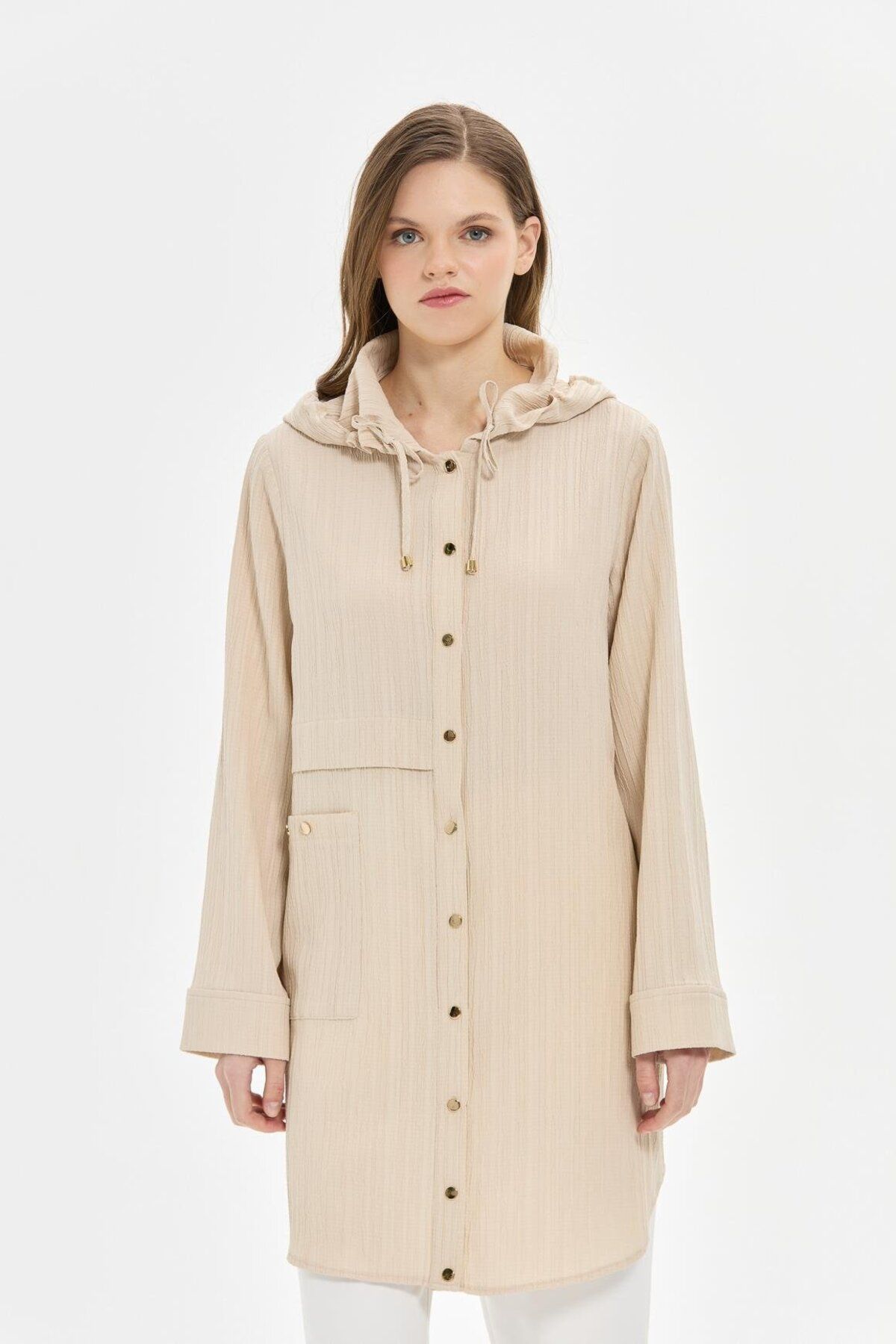 Esswaap-Hooded Detailed Wear-Out Tunic Beige 3