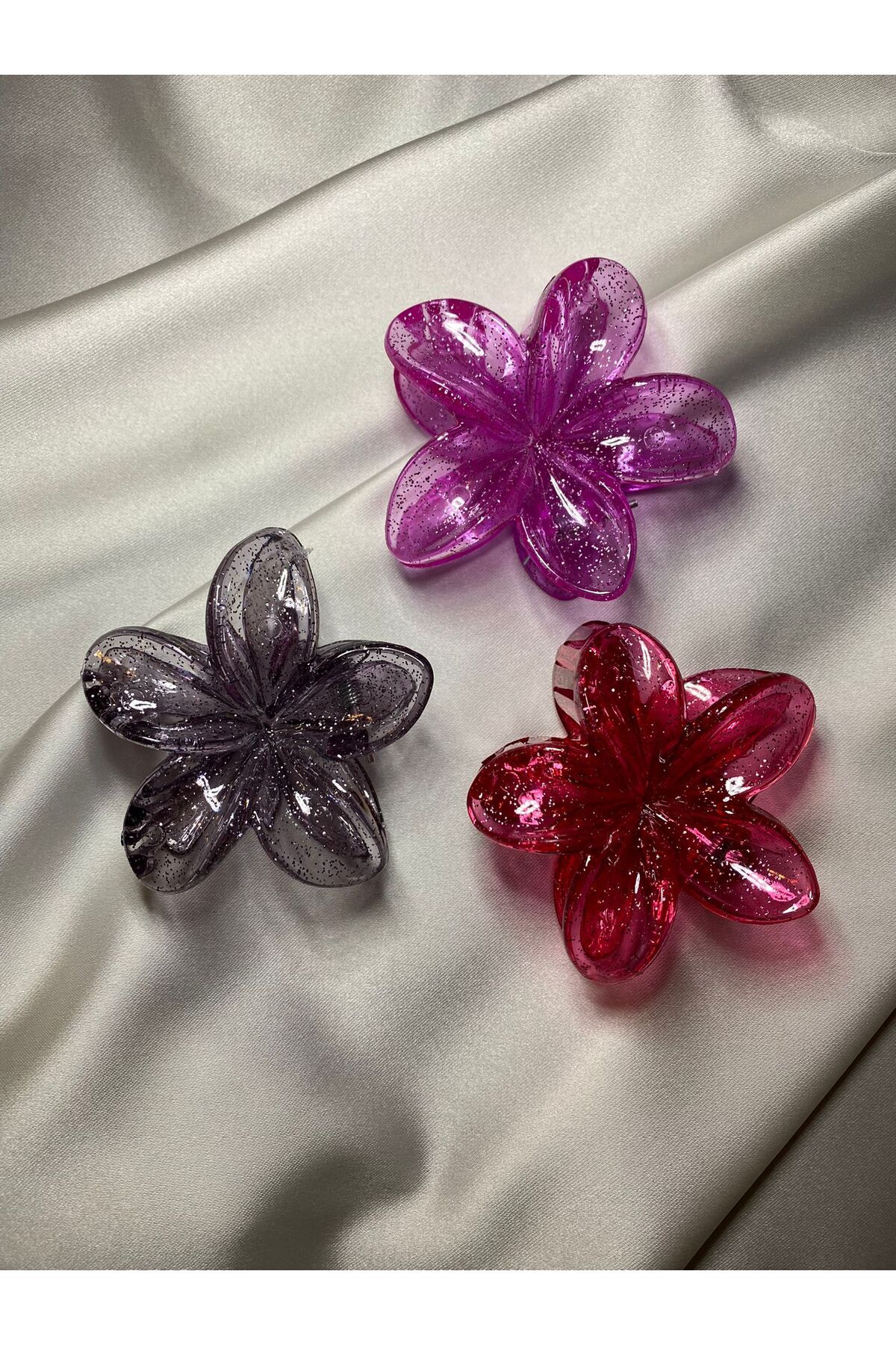 jemilas Şeffaf Üçlü Simli Lotus Mandal Toka Seti Siyah, Kırmızı, Pembe