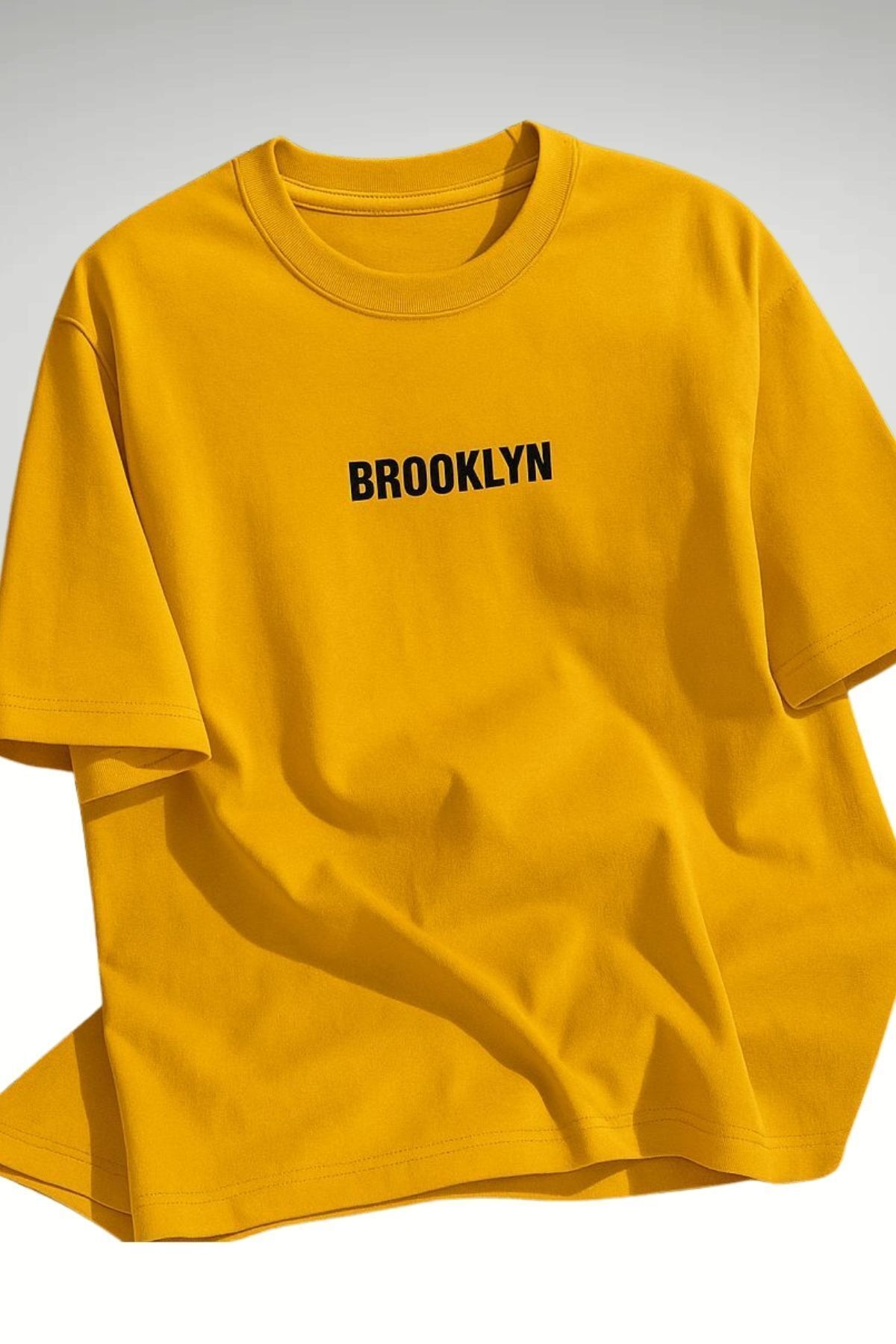 Trendseninle Unisex Erkek/Kadın Sarı BROOKLYN Renkli Özel Baskı Oversize Pamuklu Bisiklet Yaka T-Shirt Tişört