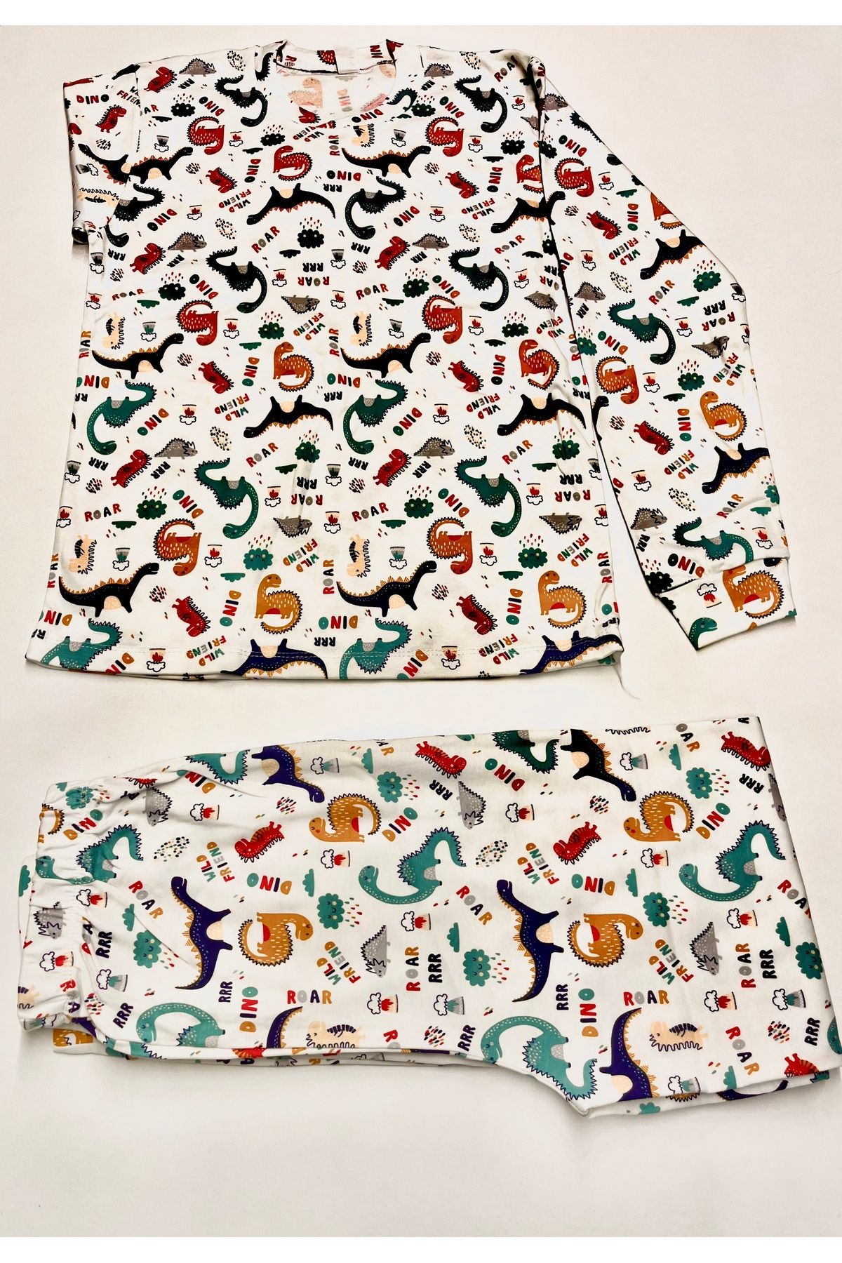 JUNİOR TİAMO Renkli Desenli Pamuklu Çocuk Pijama Takımı (2 Parça) – Dinozor & Canavar Temalı