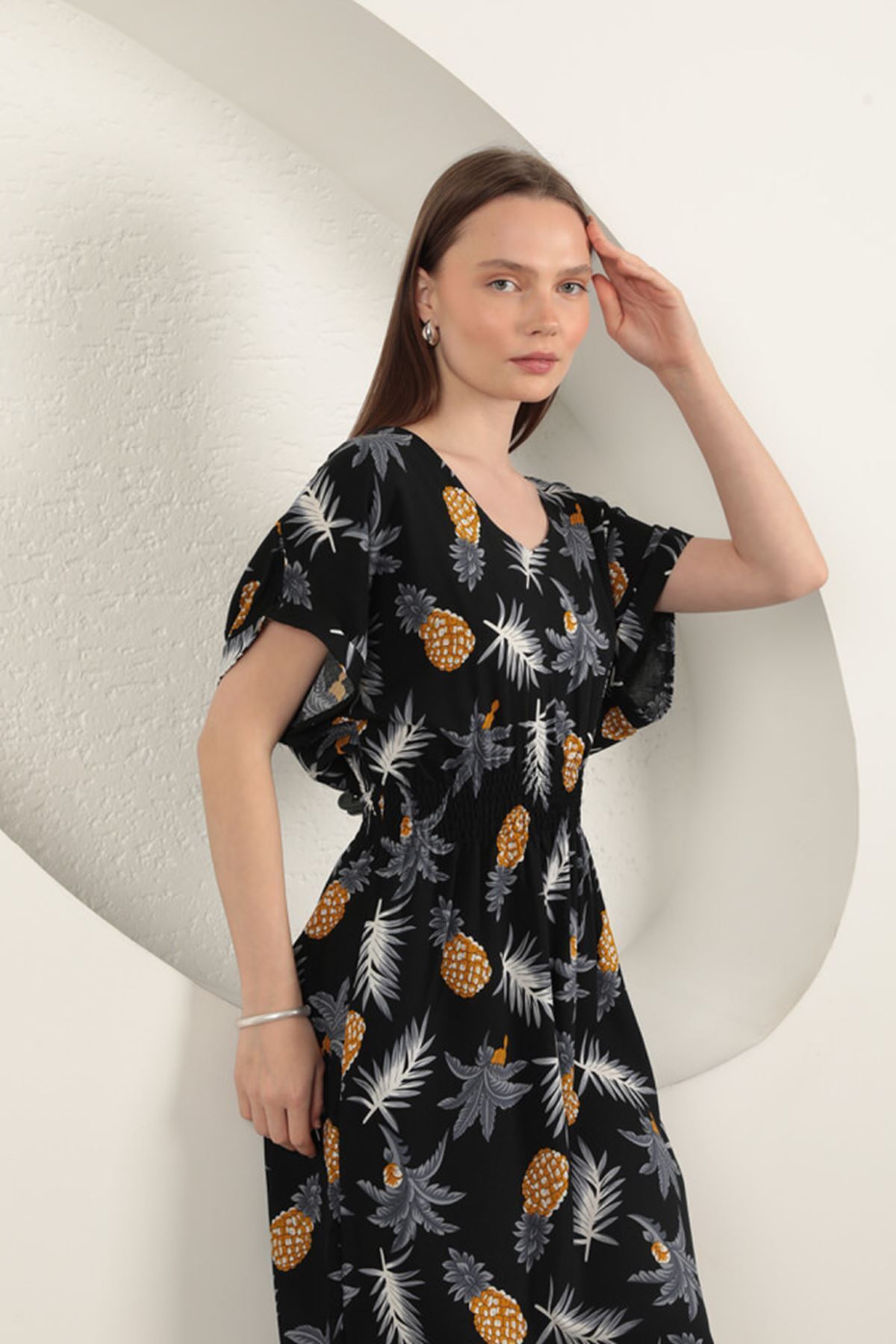 vuvutasarım-New Season Viscose Fabric Pineapple Pattern Women's Midi Dress Beach Dress 25VL132-04 5