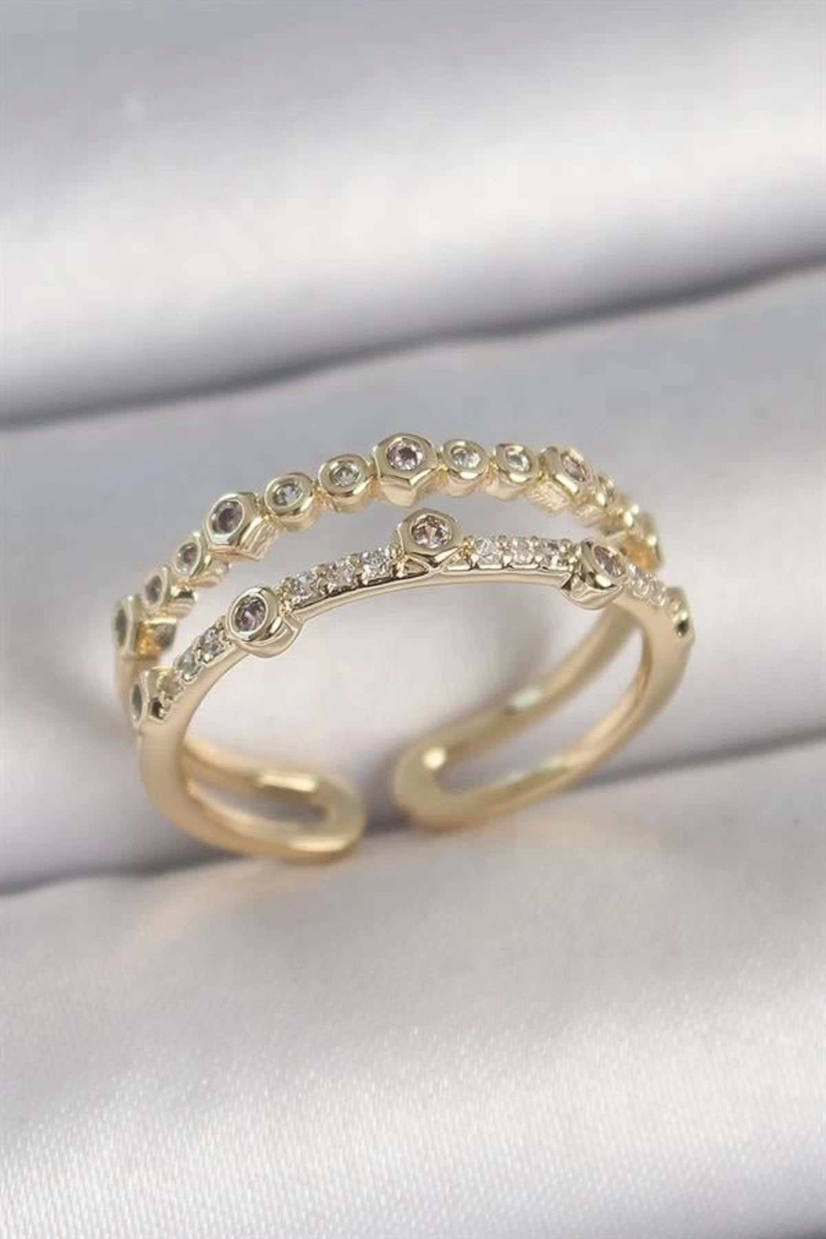FASHIONLINE Pirinç Gold Renk 2'Li Sıralı Zirkon Taşlı Ayarlanabilir Model Kadın Yüzük
