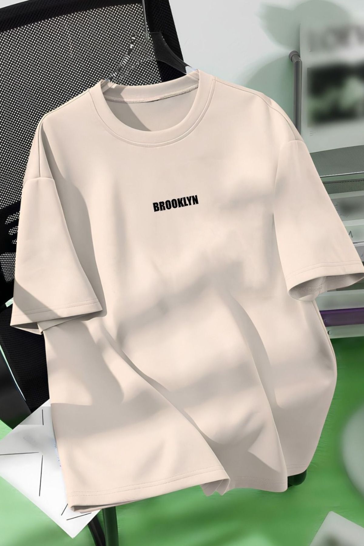 Trendseninle Unisex Erkek/Kadın Bej BROOKLYN Renkli Özel Baskı Oversize Pamuklu Bisiklet Yaka T-Shirt Tişört